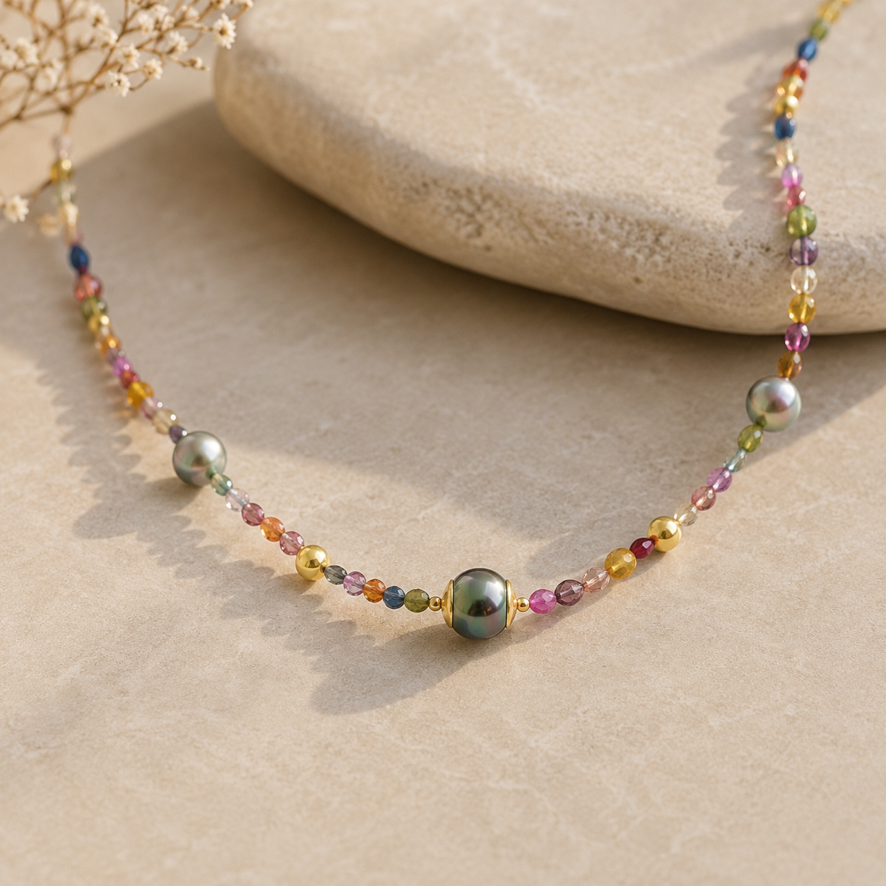 Entdecken Sie diese exquisite Safir- und Perlenkette, gefertigt aus feinstem Gelbgold 750. Die runden Perlen, die den Hauptakzent bilden, sind kunstvoll zwischen bunten, facettierte Smarties aus Safire angeordnet, was diesem Schmuckst&uuml;ck einen einzigartigen Charme verleiht. Ein luxuri&ouml;ses Accessoire, das Eleganz und Raffinesse verk&ouml;rpert. UNIKAT, gefertigt im KISSNER Meisteratelier