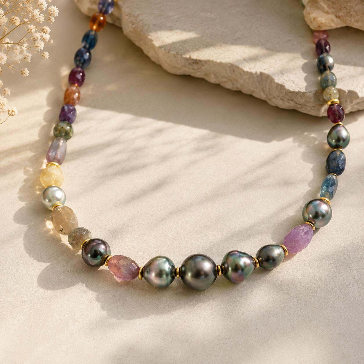 Dieses exklusive Collier pr&auml;sentiert sich mit einer faszinierenden Kombination aus Tahitiperlen und sorgf&auml;ltig ausgew&auml;hlten facettierten Satiren. Die unregelm&auml;&szlig;ige Form und Farbe sowohl der Safire als auch der Perlen verleiht diesem St&uuml;ck einen einzigartigen nat&uuml;rlichen Charakter. Zarte goldfarbene Akzente unterstreichen das harmonische Farbspiel und machen dieses Collier zu einem eleganten Blickfang f&uuml;r jeden Anlass. Zus&auml;tzlich birg dieser Halsschmuck ein weiteres raffiniertes Detail. Die Schlie&szlig;e ist als Wechselschlie&szlig;e in einer der Perlen unsichtbar verborgen. Sie kann durch jede Schmuckschliue&szlig;e mit dem weit verbreiteten System Nittel/ Headfix kombiniert werden. Sprechen Sie uns an! UNIKAT, gefertigt im KISSNER Meisteratelier