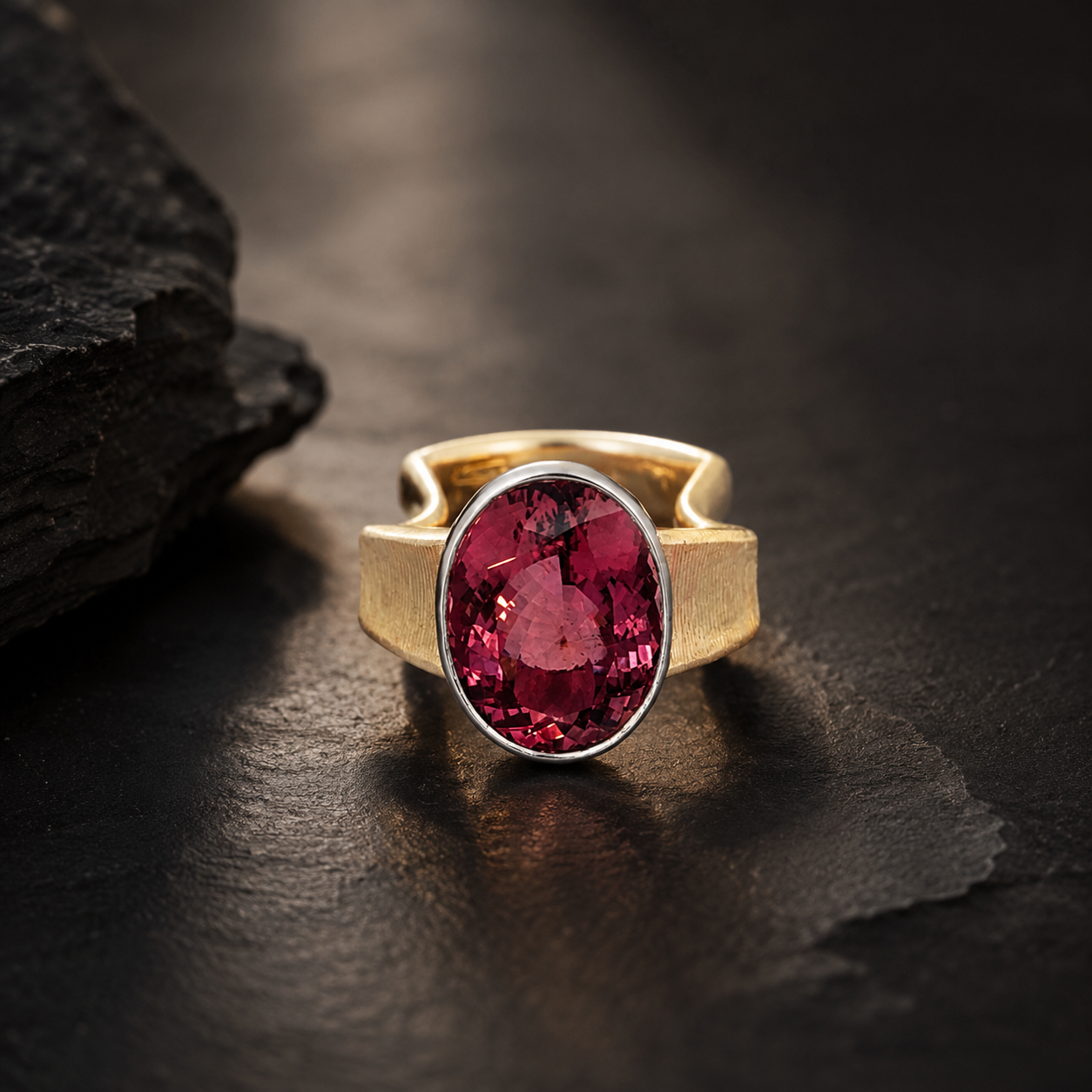 Smartcurves &ndash; kraftvolle Farbe trifft au&szlig;ergew&ouml;hnliche Form
Im Mittelpunkt dieses ausdrucksstarken Smartcurves-Rings steht ein gro&szlig;er, facettierter Turmalin in einem intensiven Pink-Rot. Seine lebendige Farbigkeit und die faszinierenden Reflexe des Steins machen jedes Lichtspiel zu einem Erlebnis.
Der Turmalin wird von einer hellen Fassung eingefasst, die einen spannenden Kontrast zur warmen Oberfl&auml;che des Gelbgoldes bildet und die au&szlig;ergew&ouml;hnliche Farbe des Edelsteins zus&auml;tzlich hervorhebt.
Charakteristisch ist die besondere konvex-konkave Form der Smartcurves-Ringschiene. Sie ist der nat&uuml;rlichen Kontur der benachbarten Finger angepasst, sodass sich der Ring angenehm anschmiegt und trotz seiner kraftvollen Pr&auml;senz &uuml;berraschend komfortabel tr&auml;gt.
Ein Ring mit Charakter &ndash; eigenst&auml;ndig, handwerklich anspruchsvoll und unverwechselbar. Ein Schmuckst&uuml;ck f&uuml;r Menschen, die au&szlig;ergew&ouml;hnliche Edelsteine und eine besondere Formensprache sch&auml;tzen.
Ein Unikat aus dem KISSNER Meisteratelier.

Die bew&auml;rte Smartcurve Ringform sorgt f&uuml;r einen perfekten Sitz und tollen Tragekomfort. Ein zeitloses Schmuckst&uuml;ck, das Eleganz und Stil vereint.