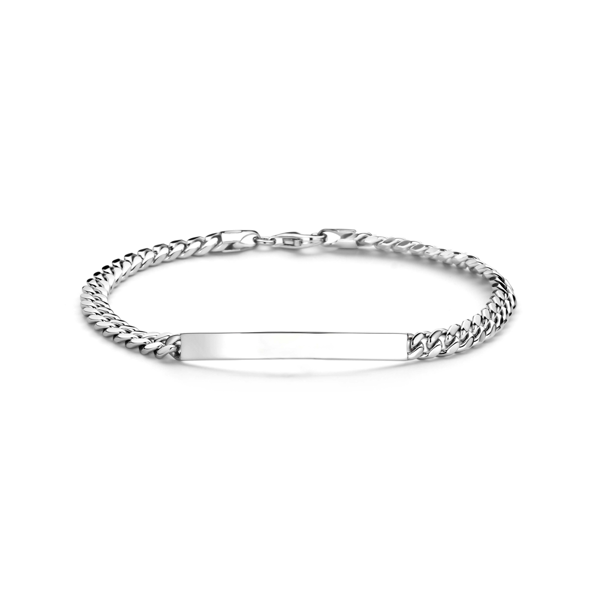 Gerhodineerd 925 zilveren graveerarmband. Het graveerplaatje heeft een dikte van 1.5mm. Uitgevoerd met een karabijnsluiting.