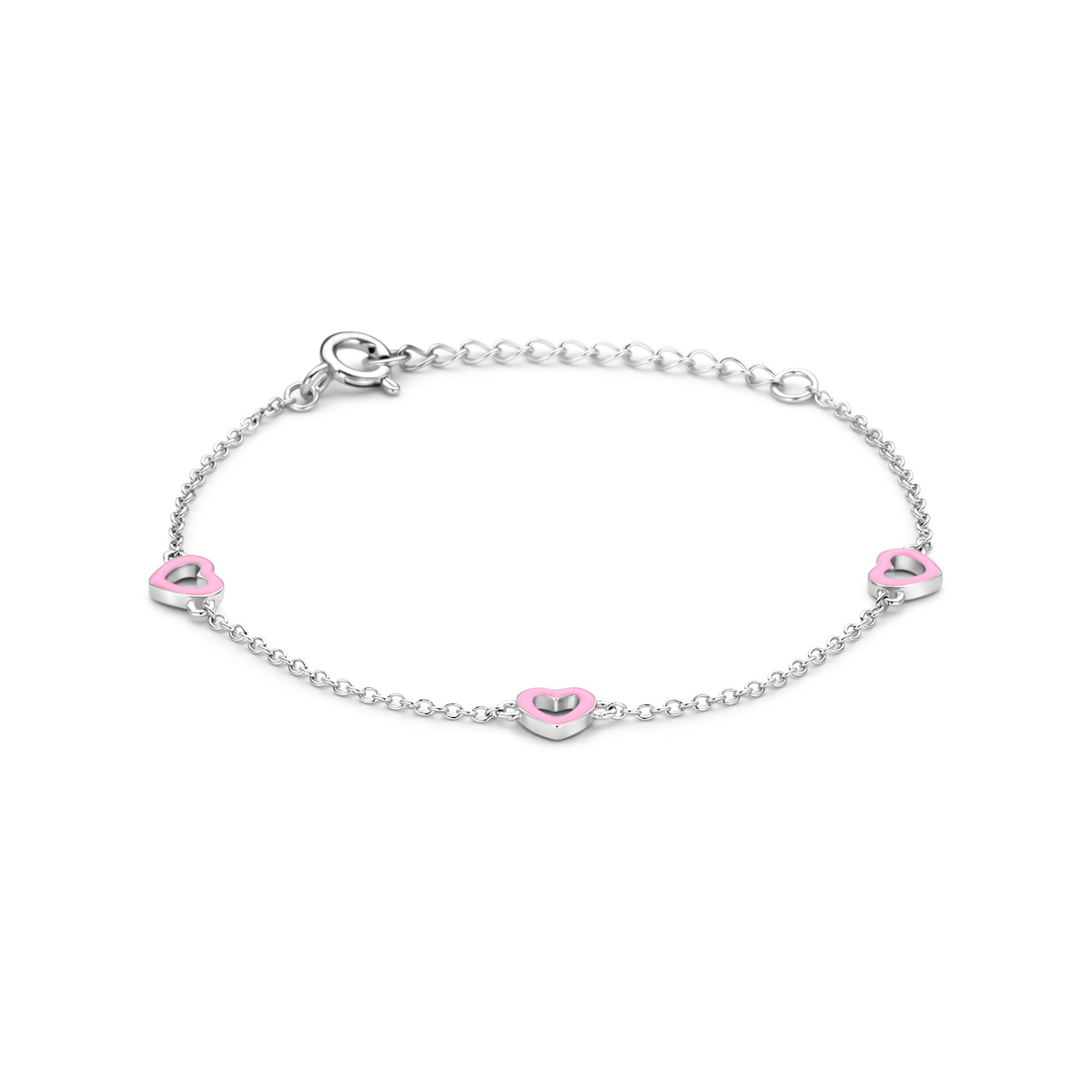 Gerhodineerd 925 zilveren armband met roze hartjes. De armband heeft een lengte van 13cm met 3cm extensie. De afmeting van het hartje is 5x5mm en de breedte van de schakel is 1.3mm.