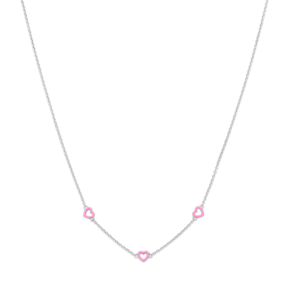 Gerhodineerd 925 zilveren collier met roze hartjes, Het collier heeft een lengte van 36cm met 4cm extensie. De afmeting van het hartje is 5x5mm en de breedte van de schakel is 1.3mm.