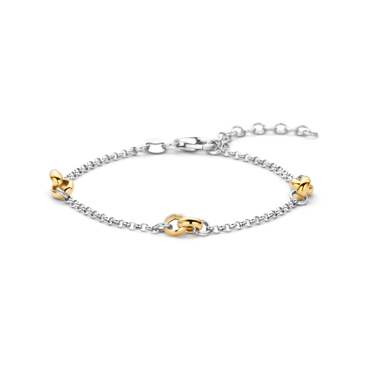 Verguld geel en gerhodineerd 925 zilveren armband met een breedte van 1.8mm. De armband heeft een lengte van 16cm met 3cm extensie. Uitgevoerd met een karabijnsluiting. Geen garantie op plating.