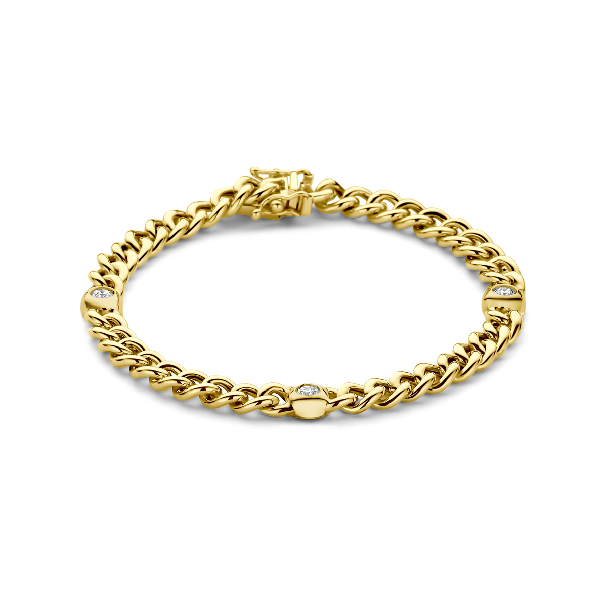 14k Geelgouden armband met diamant. De armband heeft een lengte van 19cm. Het totale diamantgewicht is 0.45ct. Uitgevoerd met een bakslot.