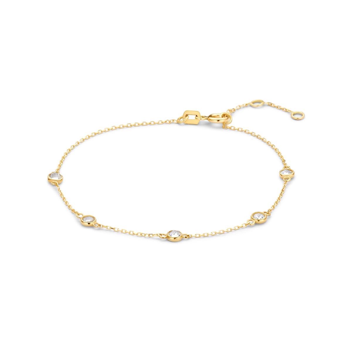 9k Geelkleurig armband met zirkonia. De armband heeft lengtes van 17-18-19cm en een schakelbreedte van 0.8mm.