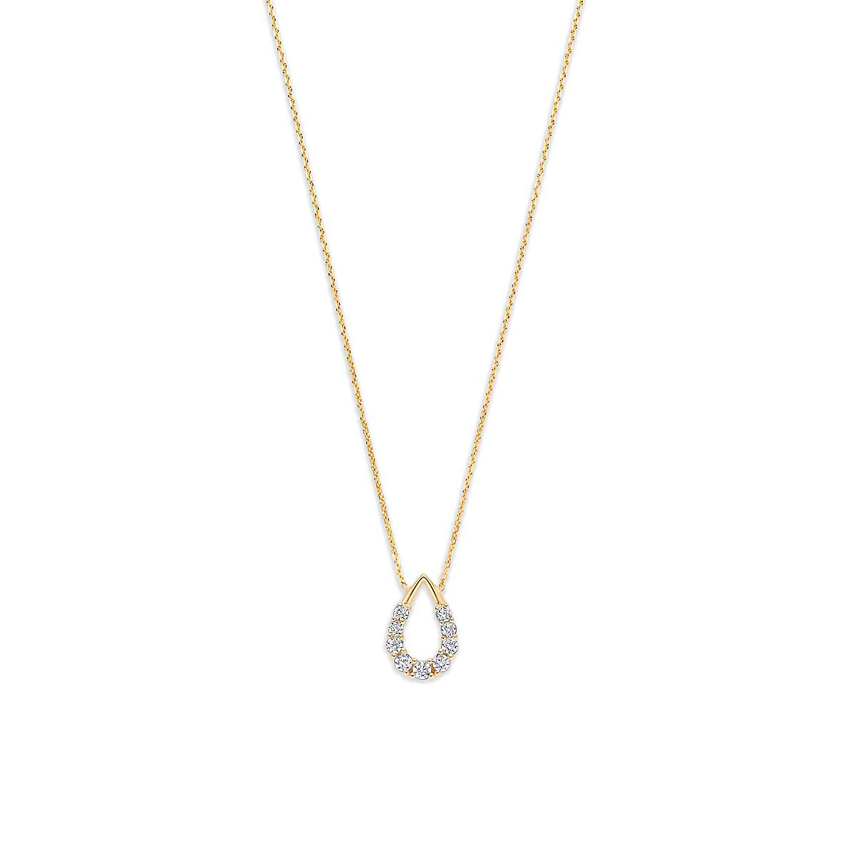 9k Geelkleurig collier met zirkonia. Het collier heeft lengtes van 41-43-45cm en een schakelbreedte van 0.7mm. De druppel heeft een afmeting van 10.5x7mm.