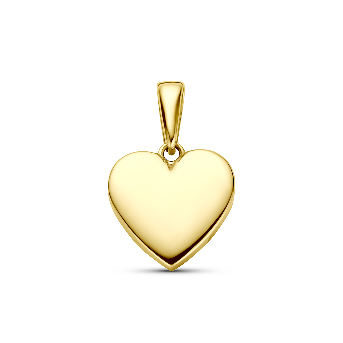 9k Geelkleurige hanger met een hart. De hanger heeft een hoogte van 10.5mm excl. oogje en een breedte van 10.5mm.