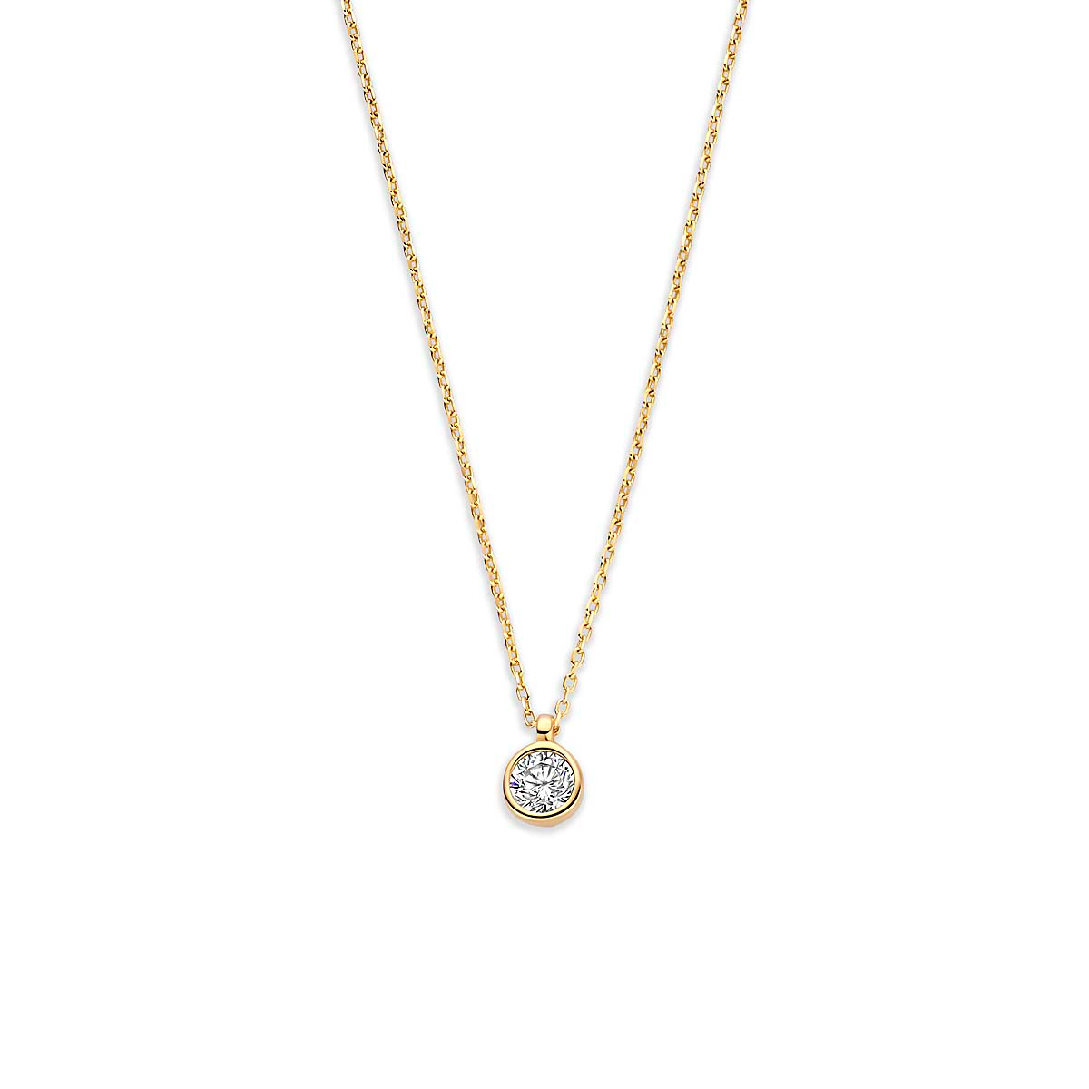 9k Geelkleurig collier met zirkonia. Het collier heeft lengtes van 41-43-45cm en een schakelbreedte van 0.8mm.