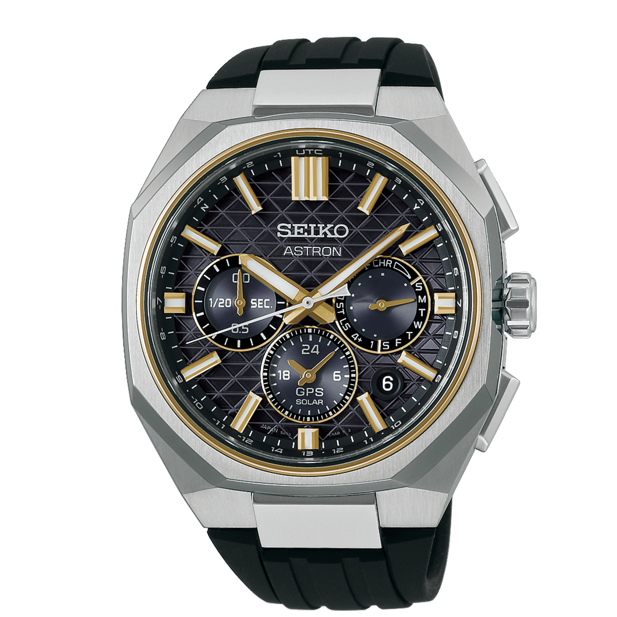 De Seiko Astron 'Tesselate' HAB003J1 is een indrukwekkend horloge met GPS Solar beweging, een titanium kast en een zwarte siliconen band. Het heeft een chronografisch multifunctioneel display met datum, waterdichtheid van 10 bar, en een anti-allergische, nikkelvrije afwerking. Draag het voor een stijlvolle, moderne uitstraling. Perfect voor zowel formele als casual gelegenheden.