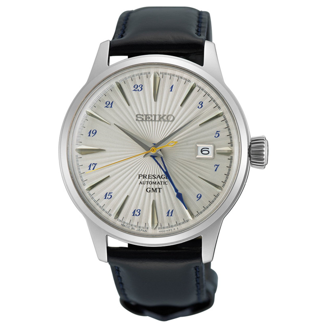 De Seiko Presage GMT Cocktail Time SSK049J1 is een elegante polshorloge met automatische beweging. Het heeft een zilverkleurige roestvrijstalen kast, een blauwe leren band en een mineraalglas. Het horloge is hypoallergeen, nikkelvrij en waterdicht tot 5 bar. Ideaal voor zowel formele als casual gelegenheden. Draag met een opgerolde mouw voor een stijlvolle uitstraling.