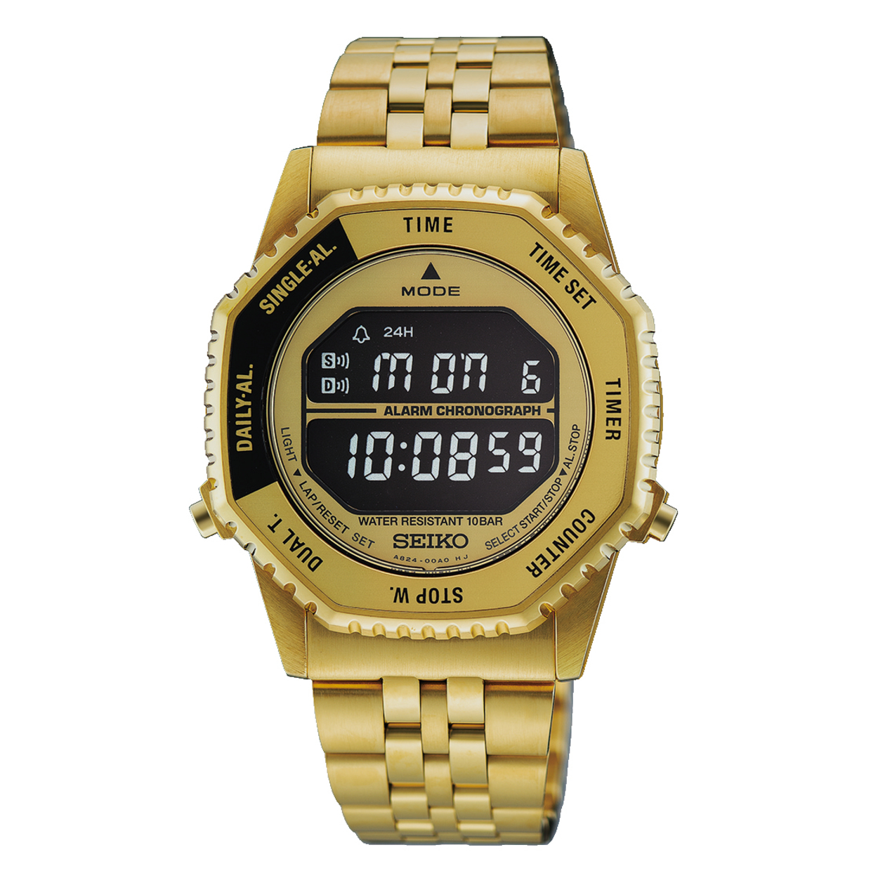 Dit is een horloge van het merk Seiko. Het is een digitaal horloge gemaakt van staal. De diameter van de kast is 37 mm en de kast is 10.64 mm dik.
De verdere specificaties van het horloge zijn als volgt:
Kastvorm: vorm
Kastkleur: goudkleurig
Kastmateriaal: staal
Sluiting: vouwsluiting met drukker
Wijzerplaatkleur: overig
Glassoort: hardlex glas
Waterdichtheid: 10 ATM
Techniek: quartz