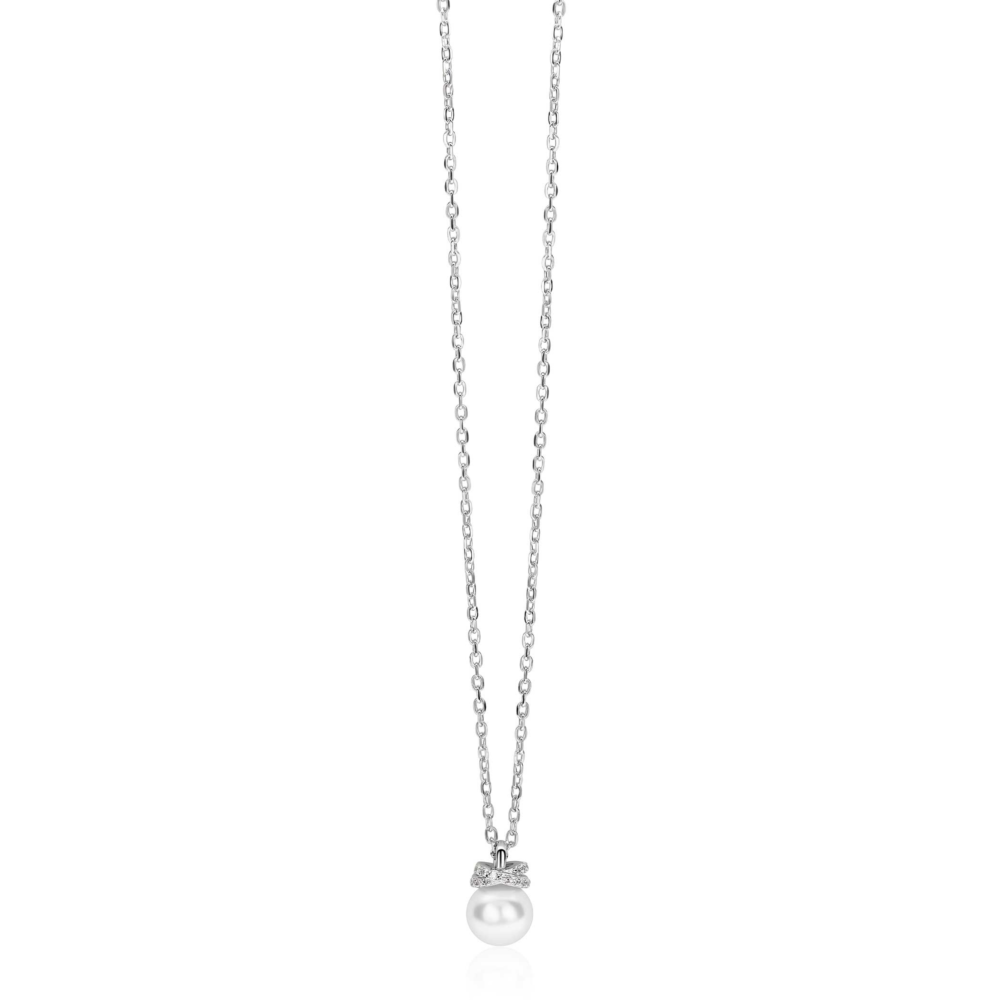 ZINZI zilveren ketting met een witte parelhanger (12mm) en een strikvormige zetting bezet met witte zirkonia&rsquo;s 42-45cm ZIC2863