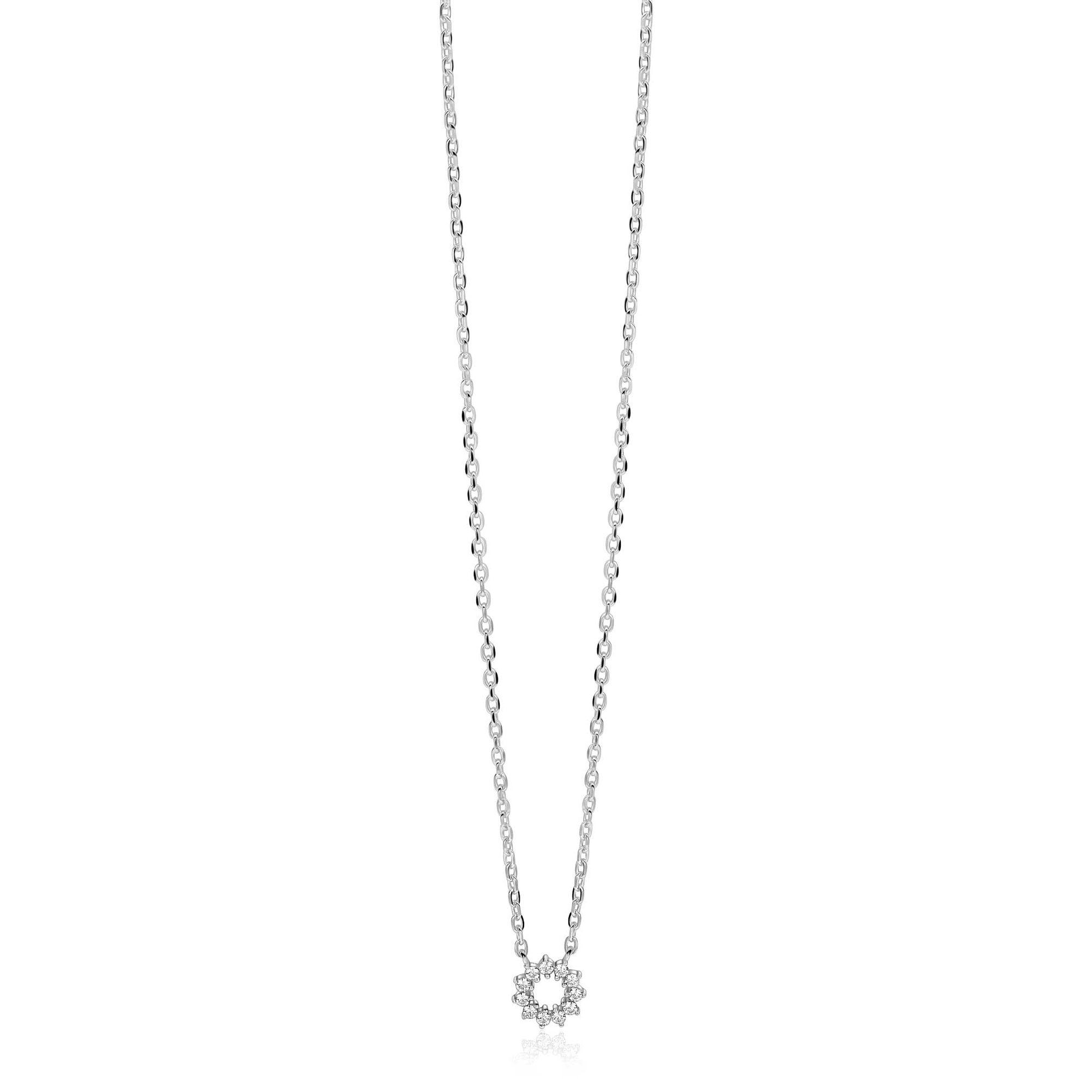 ZINZI zilveren ketting met ronde hanger (8mm) bezet met witte zirkonia&rsquo;s in verfijnde chatonzetting 42-45cm ZIC2870
