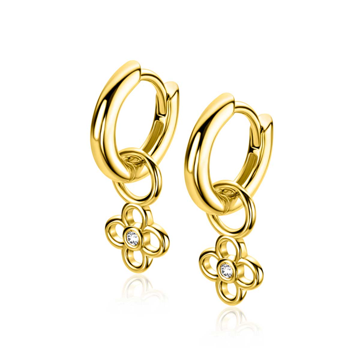 7mm ZINZI gold plated zilveren oorbedel in open klaver vier vorm, bezet met een witte zirkonia in het midden ZICH2885Y (zonder oorringen)
