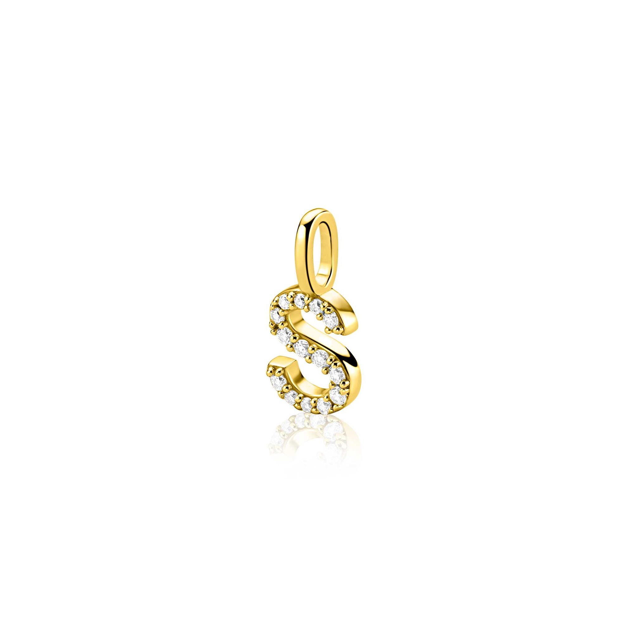 ZINZI gold plated zilveren letter hanger S bezet met witte zirkonia's ZIH2828-S (zonder ketting)