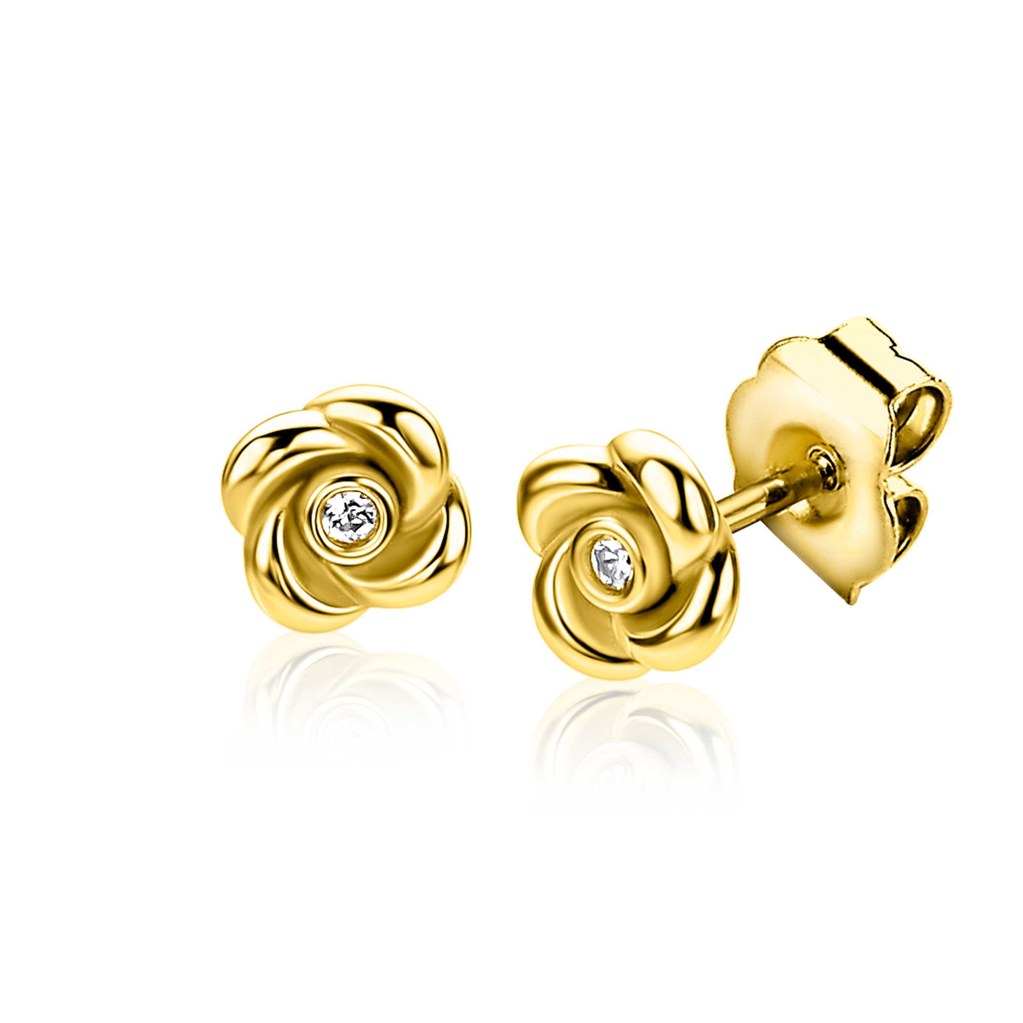 6mm ZINZI gold plated zilveren oorstekers met een roosje, bezet met witte zirkonia ZIO2872Y