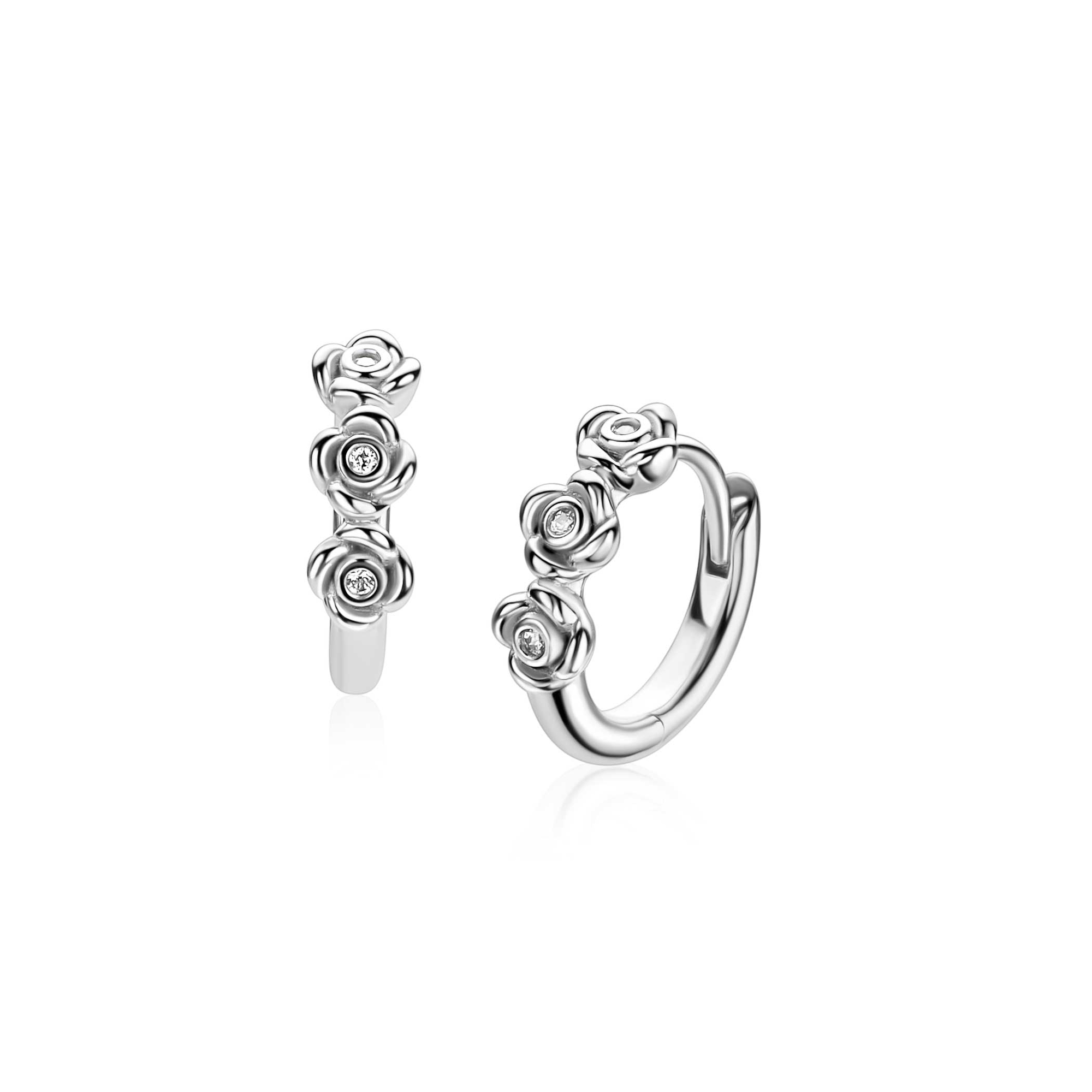 13mm ZINZI zilveren oorringen met drie roosjes, bezet met witte zirkonia&rsquo;s, luxe klapsluiting ZIO2873
