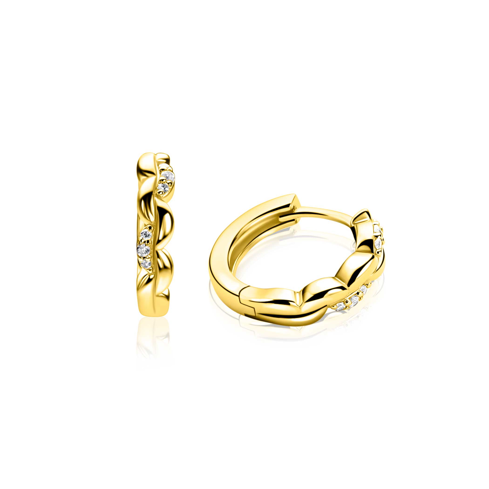 13mm ZINZI gold plated zilveren oorringen met een sierlijk golvend design, subtiel bezet met witte zirkonia&rsquo;s, luxe klapsluiting ZIO2875
