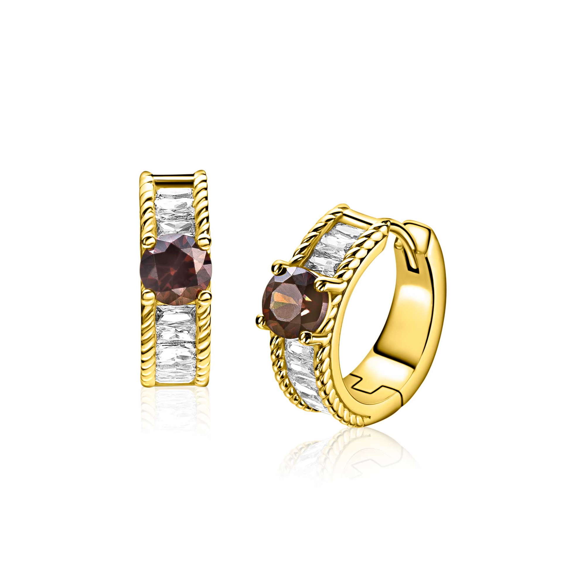 16mm ZINZI gold plated zilveren oorringen met een bruine kleursteen, een rij baguette geslepen witte zirkonia&rsquo;s en sierlijke randafwerking, met klapsluiting ZIO2880