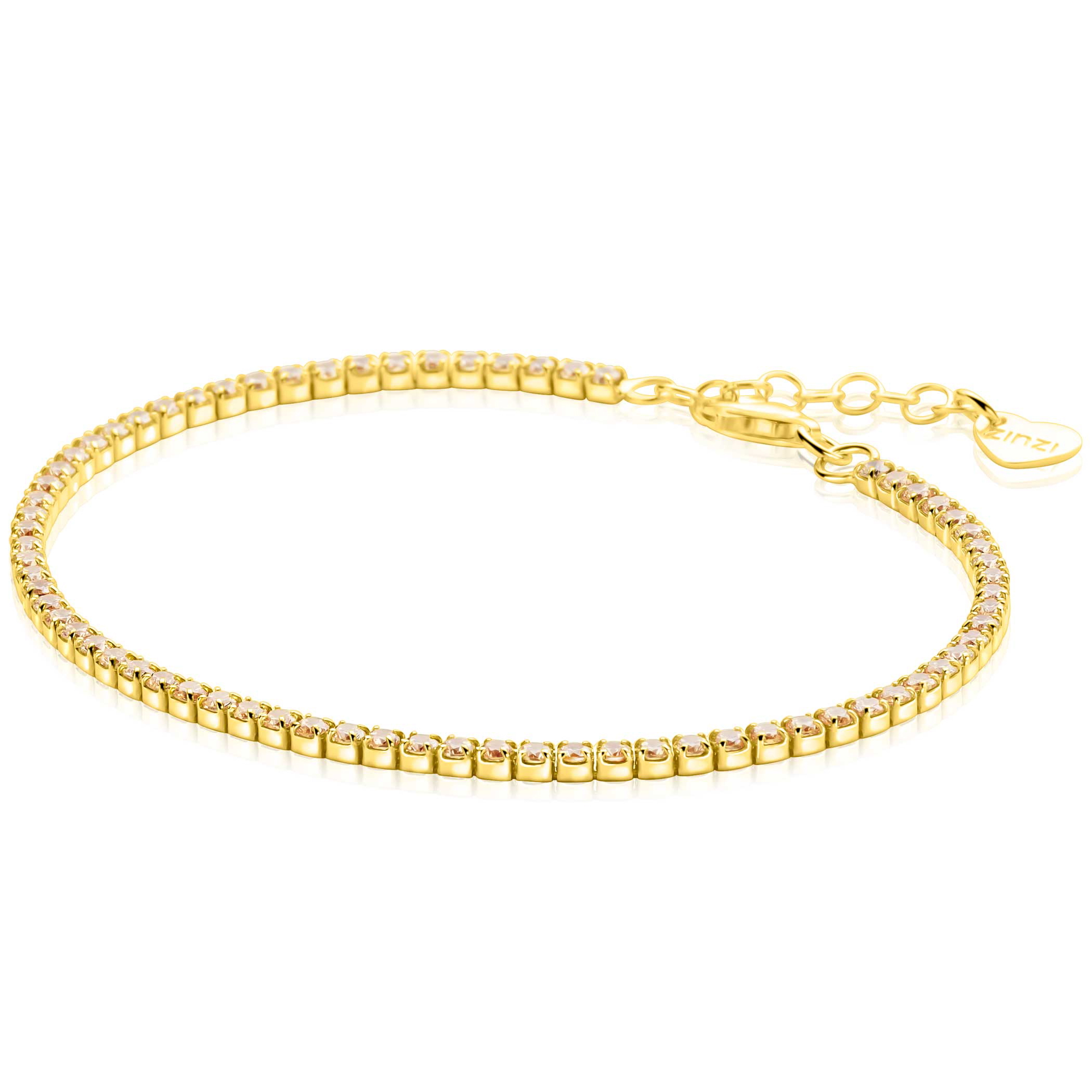 ZINZI gold plated zilveren tennis armband 2,1mm breed met rijzetting champagnekleurige zirconia's ZIA2892C