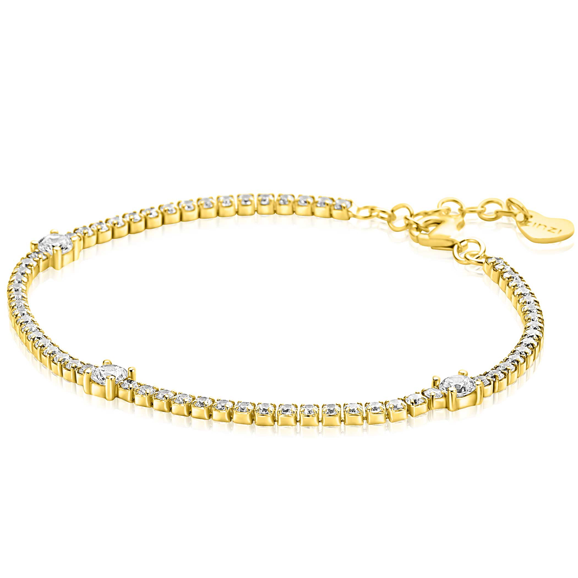 ZINZI gold plated zilveren tennisarmband 2,1mm breed bezet met witte zirkonia&rsquo;s in verfijnde rijzetting, afgewisseld met drie grotere witte zirkonia's (4,3mm) in chatonzetting ZIA2894Y