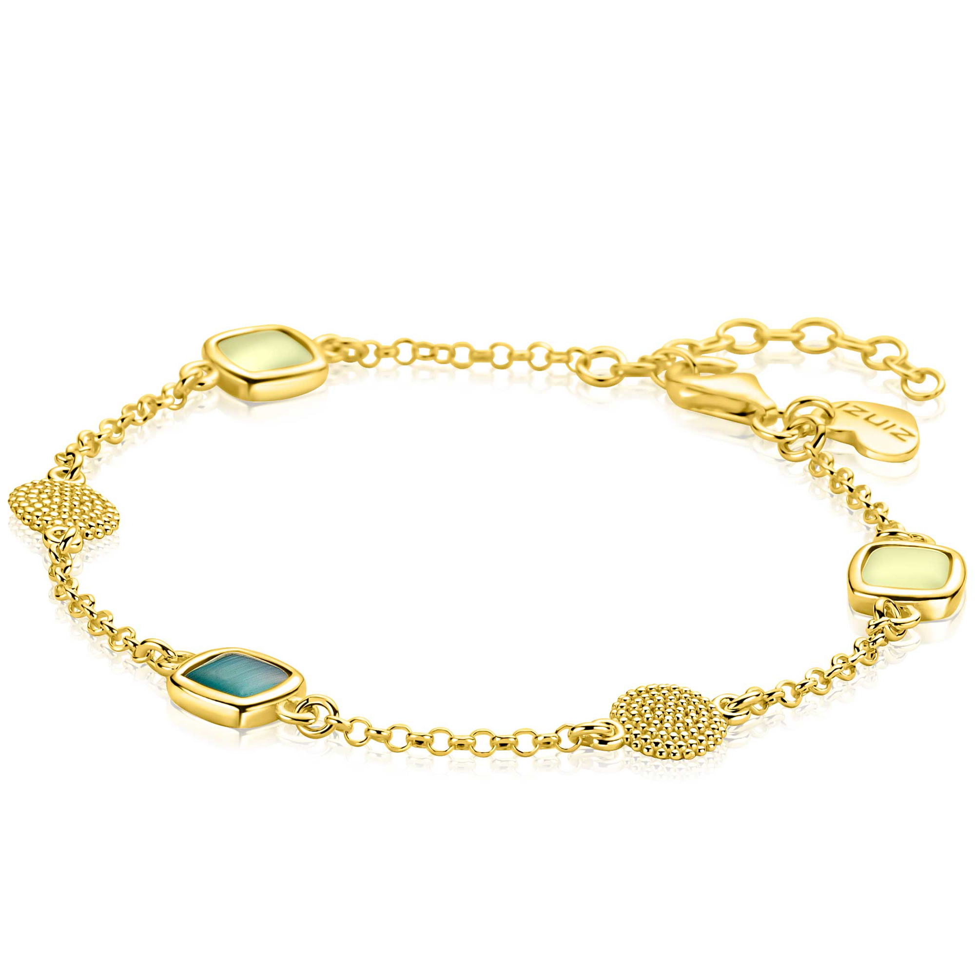 ZINZI gold plated zilveren armband met drie vierkante kleurstenen in zachte groentinten, afgewisseld met ronde structuurelementen ZIA2904