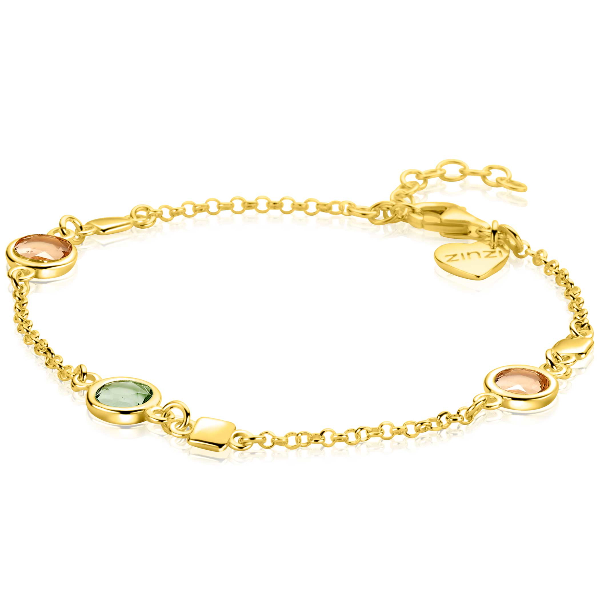 ZINZI gold plated zilveren armband met ronde kleurstenen in zachte groen- en champagnetinten, afgewisseld met vierkante plaatjes ZIA2907