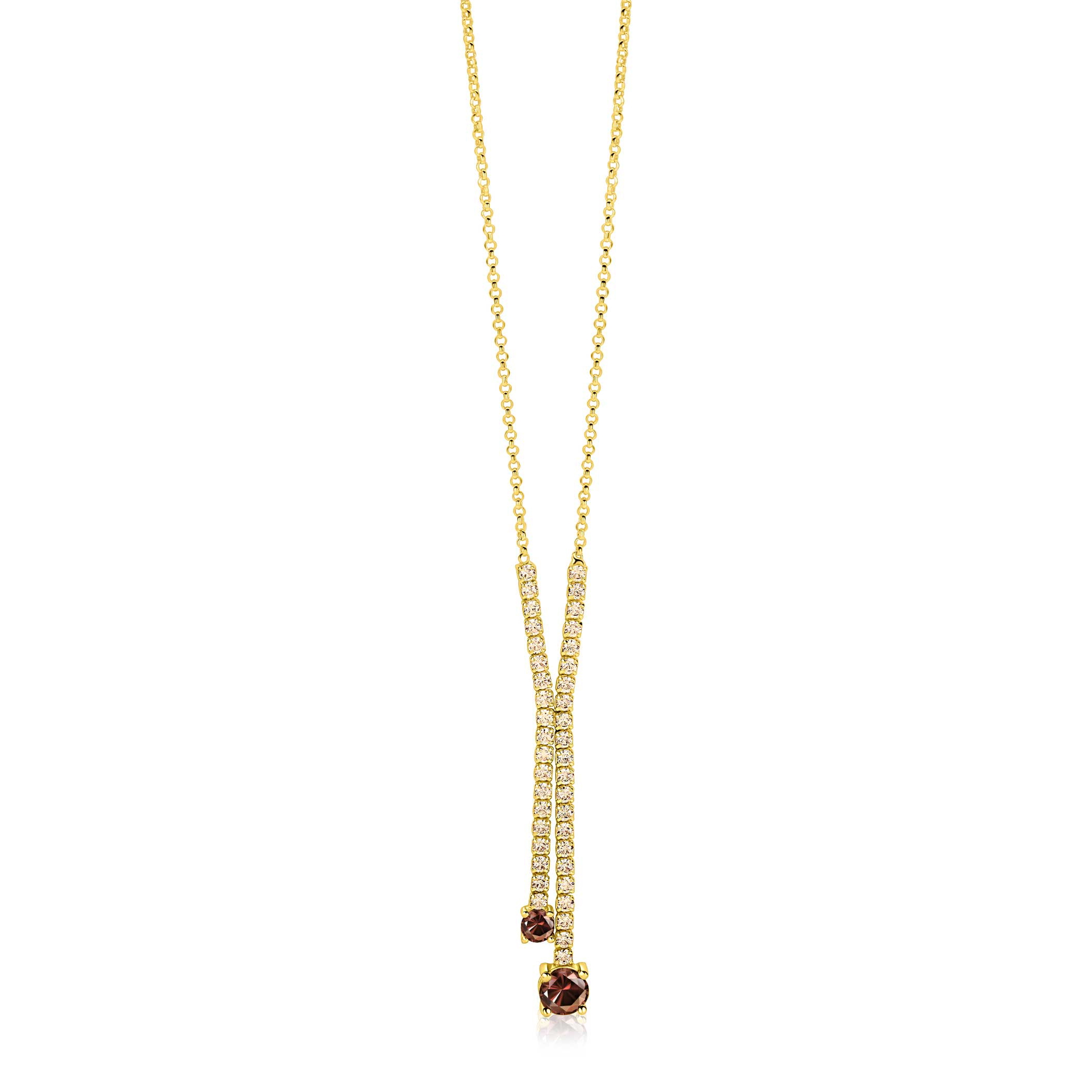 ZINZI gold plated zilveren Y-collier 45cm met luxe tennislook en champagnekleurige zirkonia's in rijzetting met twee grotere donkerbruine kleurstenen ZIC2894C