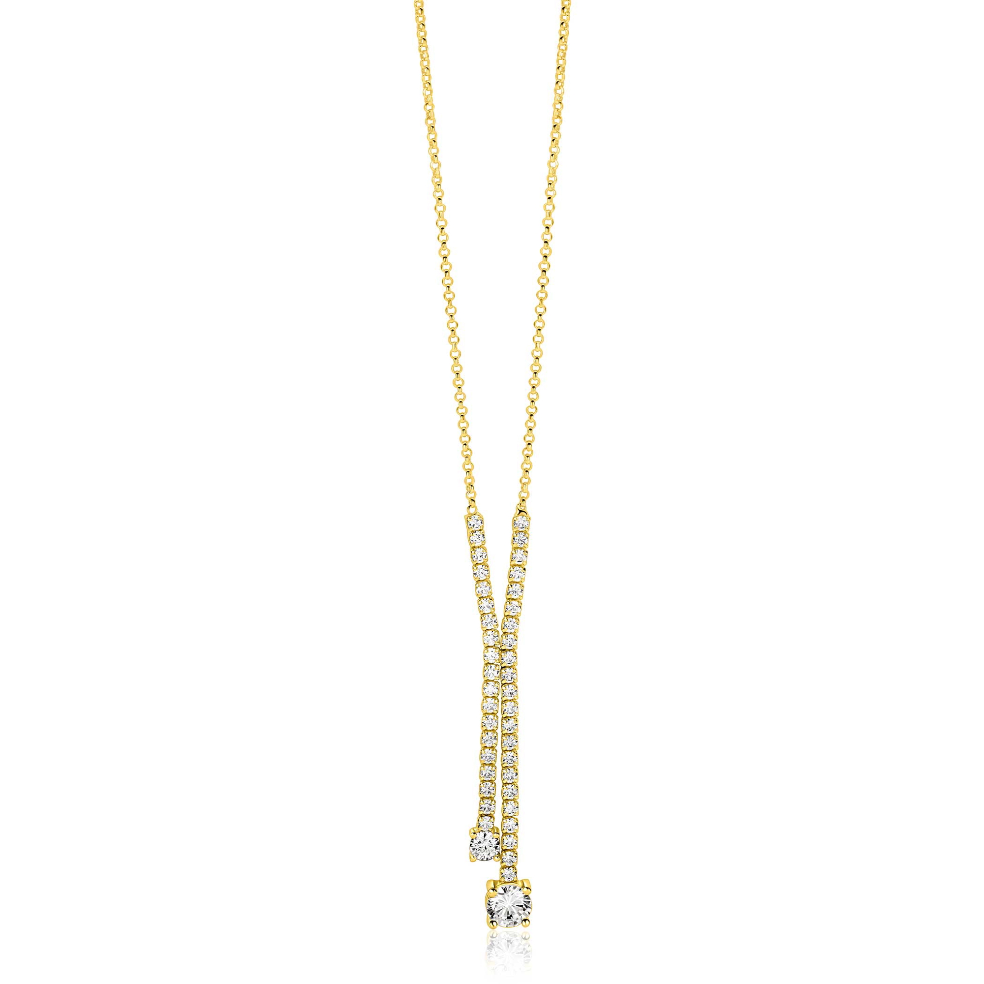 ZINZI gold plated zilveren Y-collier 45cm met luxe tennislook en witte zirkonia's in rijzetting met twee grotere witte zirkonia's ZIC2894Y