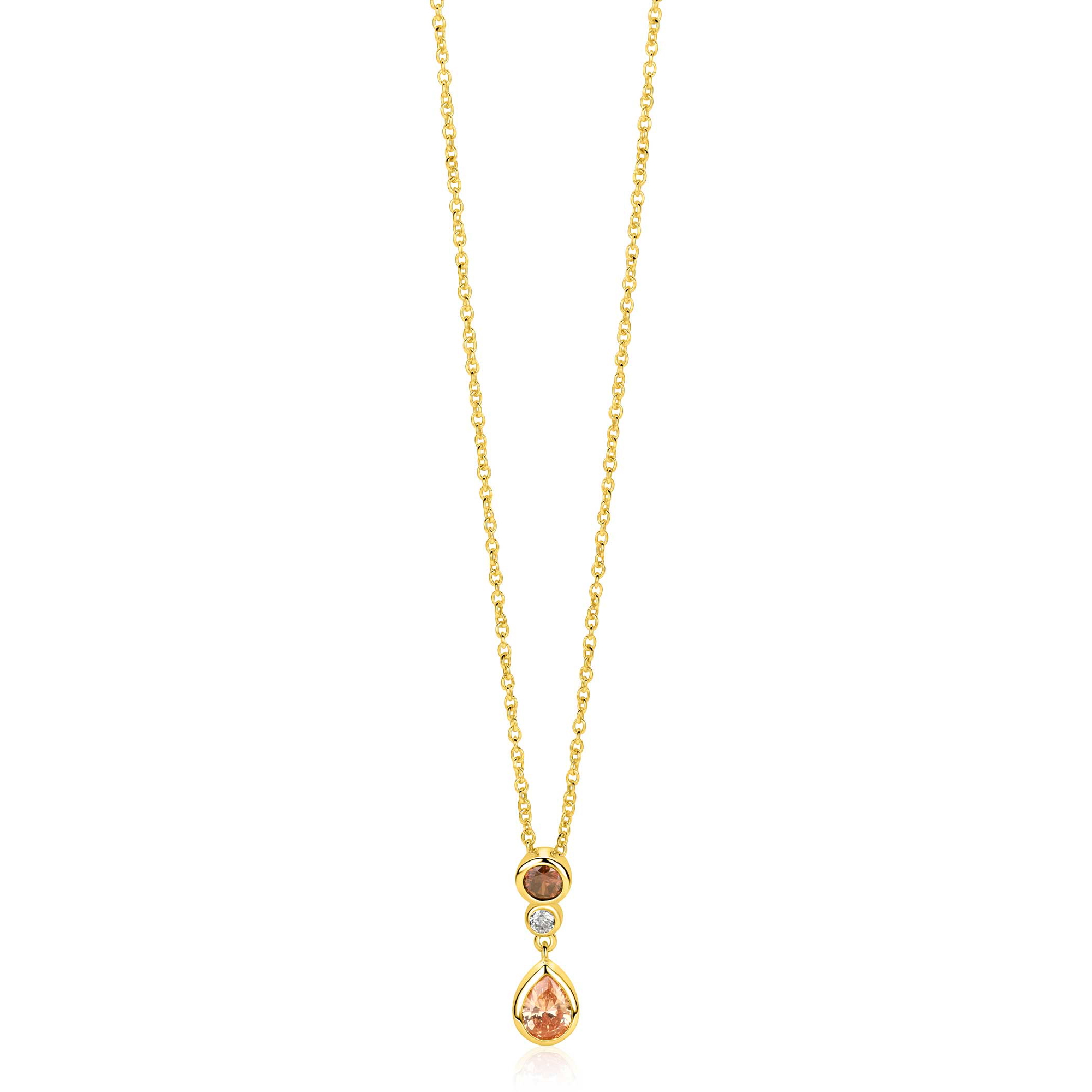 ZINZI gold plated zilveren collier 45cm met kleurrijke hanger (20mm) een speelse combinatie van vormen en kleuren champagne, bruin en wit ZIC2900