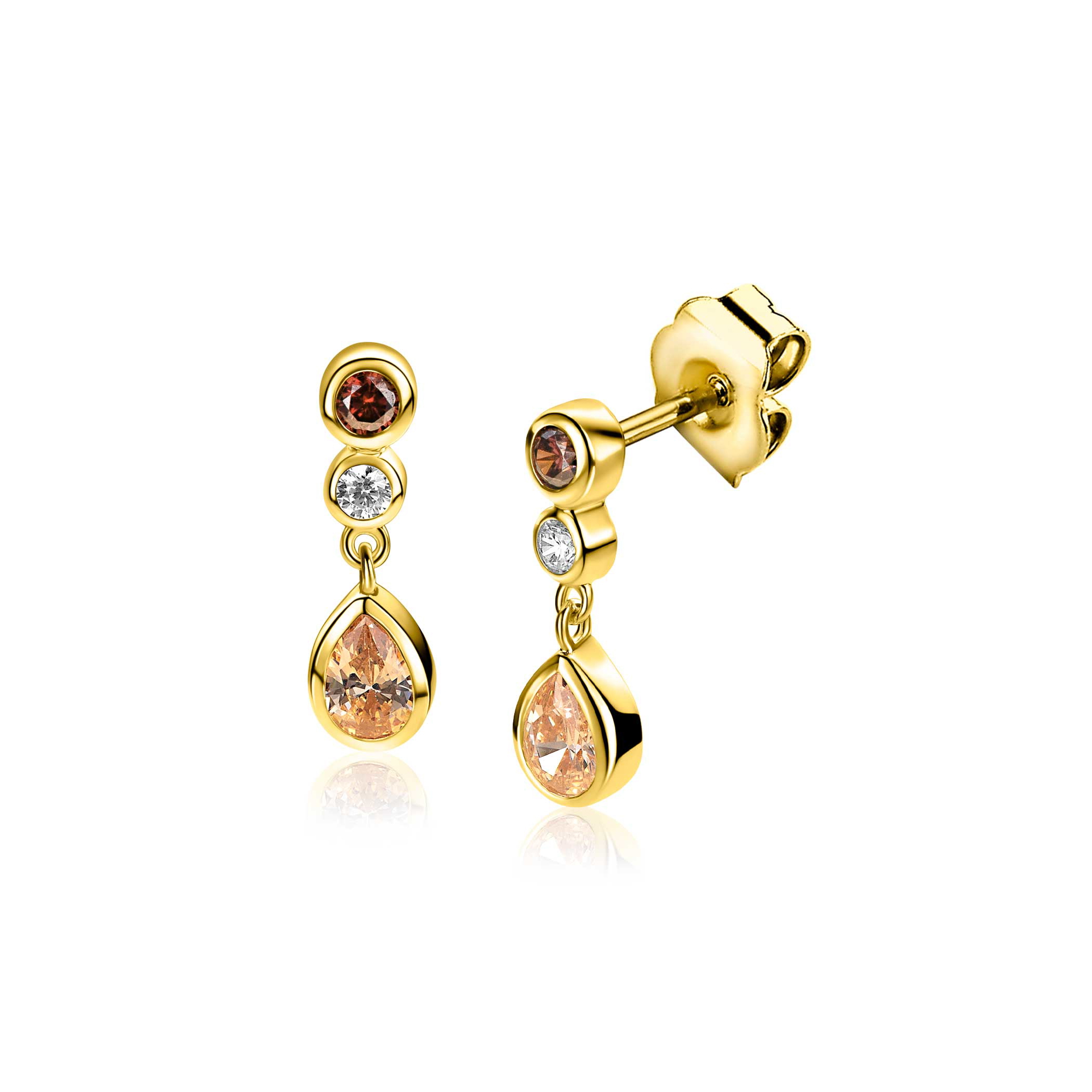 18mm ZINZI gold plated zilveren oorstekers met champagnekleurige, cognackleurige en witte zirkonia's in verschillende slijpvormen ZIO2900