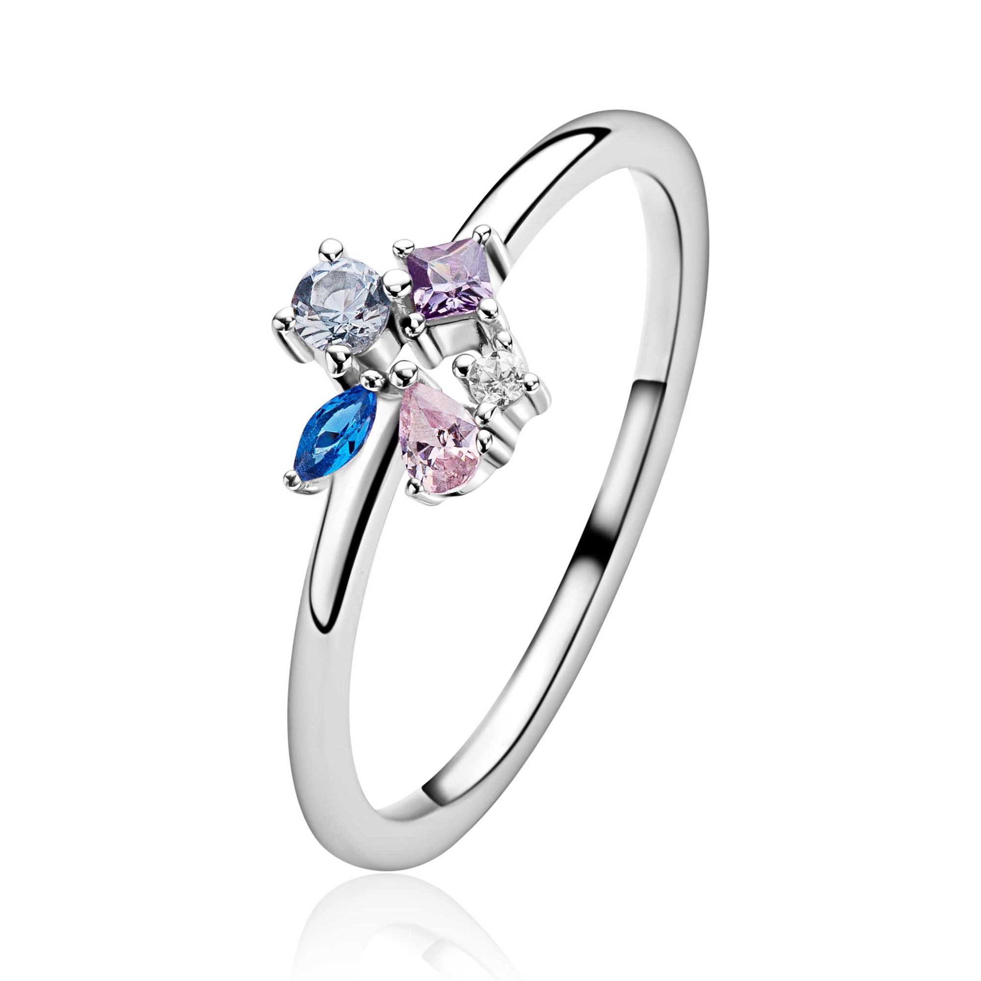 ZINZI zilveren ring met een speelse combinatie van witte, roze, paarse en blauwe kleurstenen in verschillende slijpvormen ZIR2866