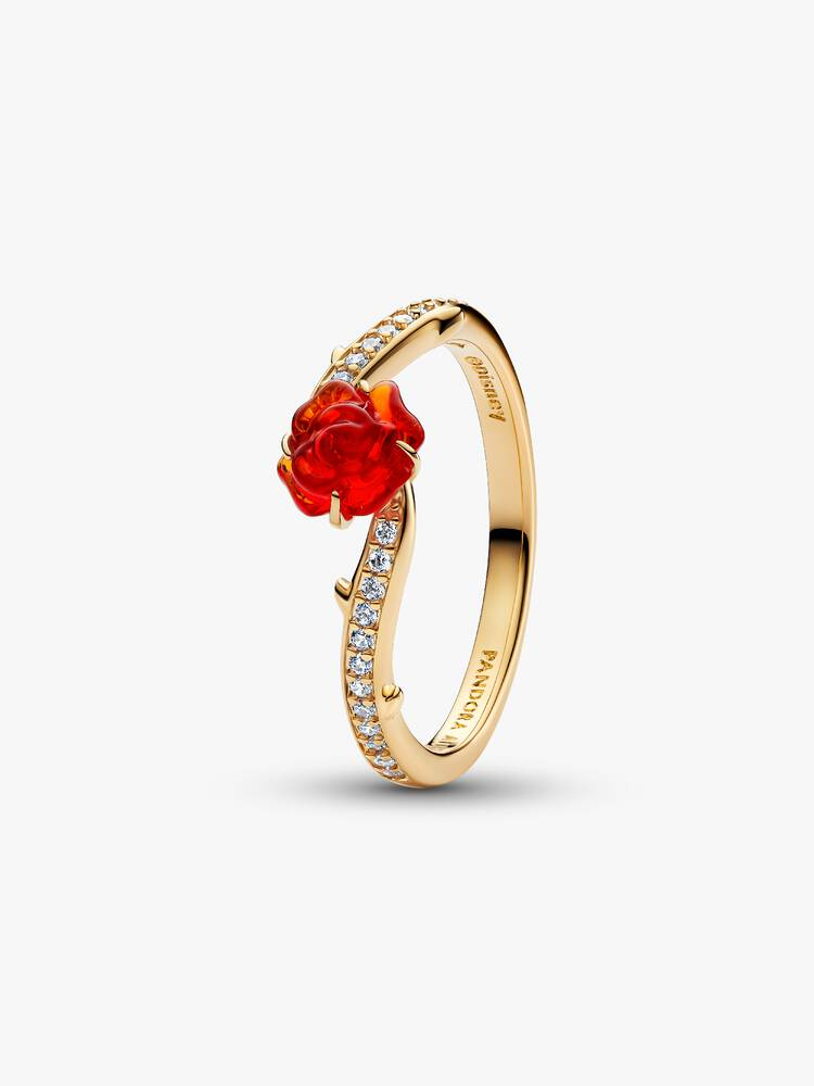 Geef je look een betoverende touch met onze ring met Disney's Belle en het Beest. Hij is verguld met goud en afgewerkt met een roos van muranoglas met sprankelende stenen en doorns langs de band.

