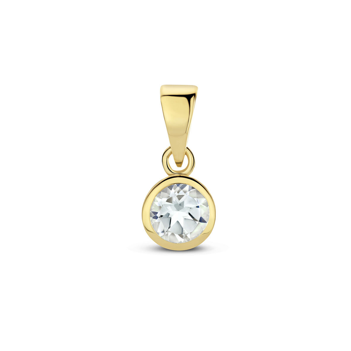 14k Geelgouden geboortesteen hanger uitgevoerd met een schitterende edelsteen. De hanger heeft een totale hoogte van 1.1cm.