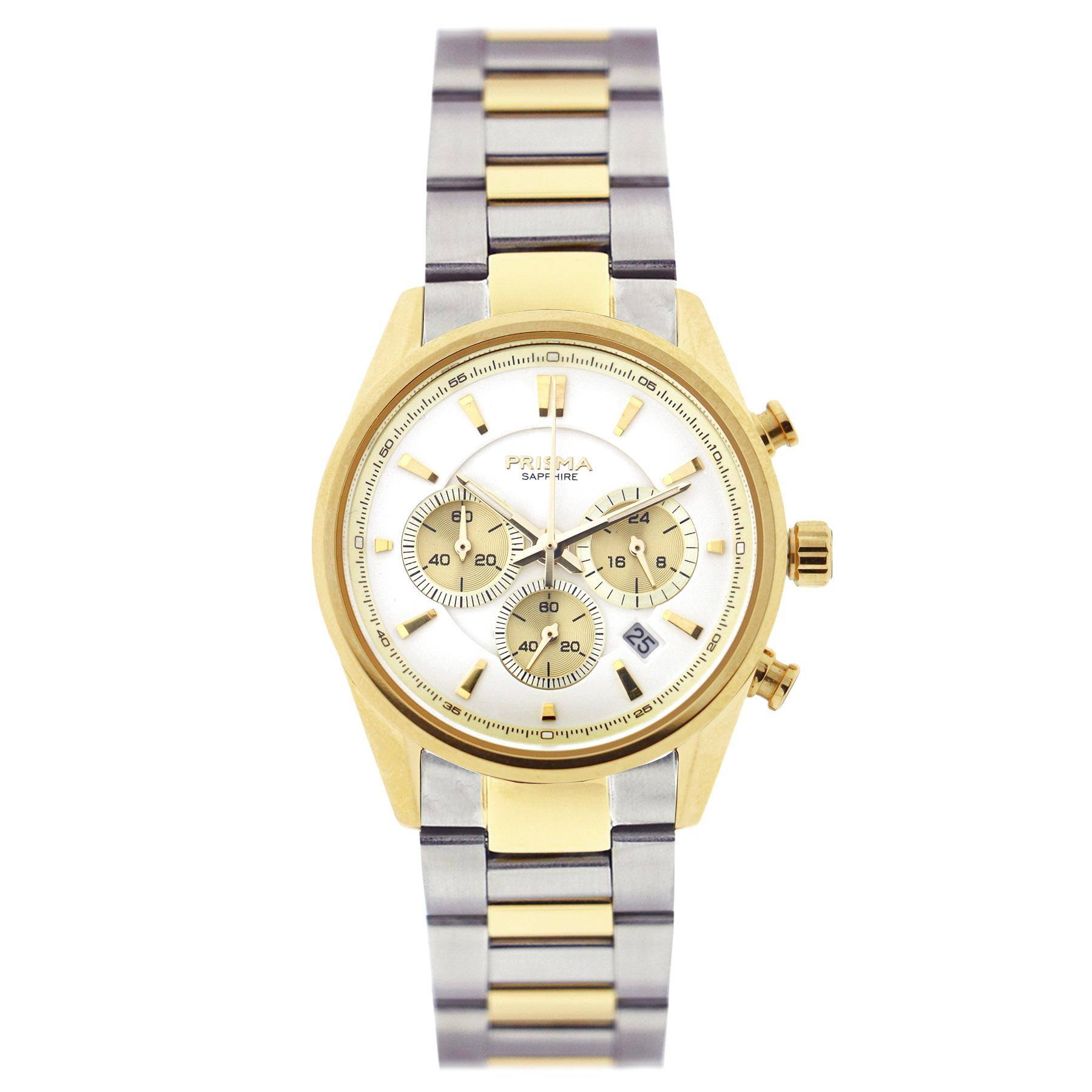 Prisma horloge P2066 dames edelstaal  Decade Chrono saffierglas 10 ATM

Algemeen
Geslacht: dames
Model: P.2066

Voordelen
- Solid edelstaal
- quartz
- wijzerplaat roomwit met Chrono aanduiding goudkleurige streepjes
- boven gem. waterdicht: zwemmen/duiken
- glas is zeer krasvast
- ook voor brede pols (max. 210 mm)
- datum en chronograaf
- quartz uurwerk
- maat kast 31,5mm (breedte) 9,5mm (dikte)

