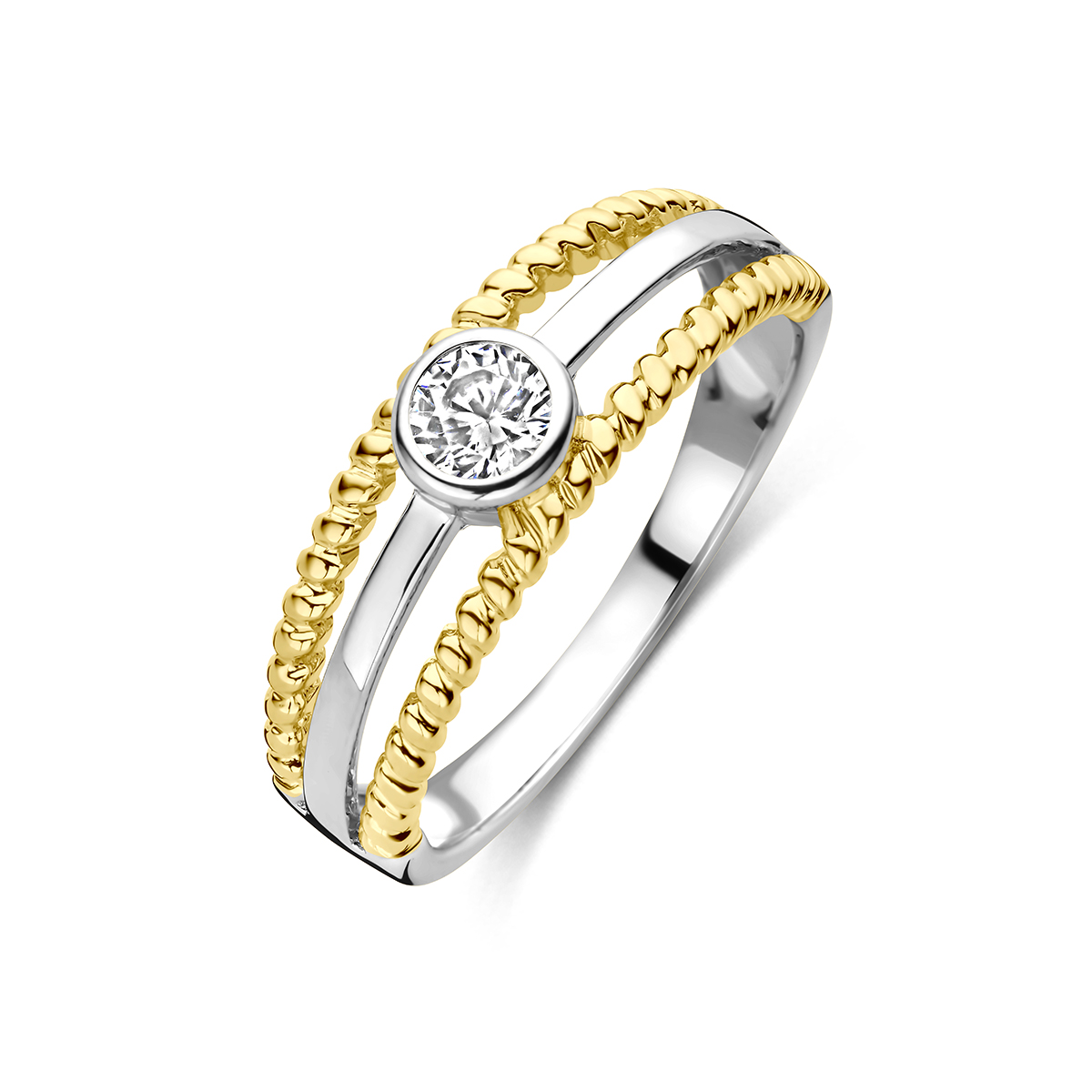 Verguld geel en gerhodineerd 925 zilveren ring met zirkonia. De ring heeft een breedte van 6.5mm. Geen garantie op plating.