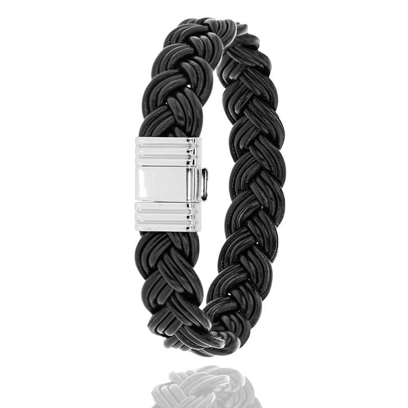Leren gevlochten armband van Albanu Monaco 20mm breed en 21cm lang met een stalen sluiting