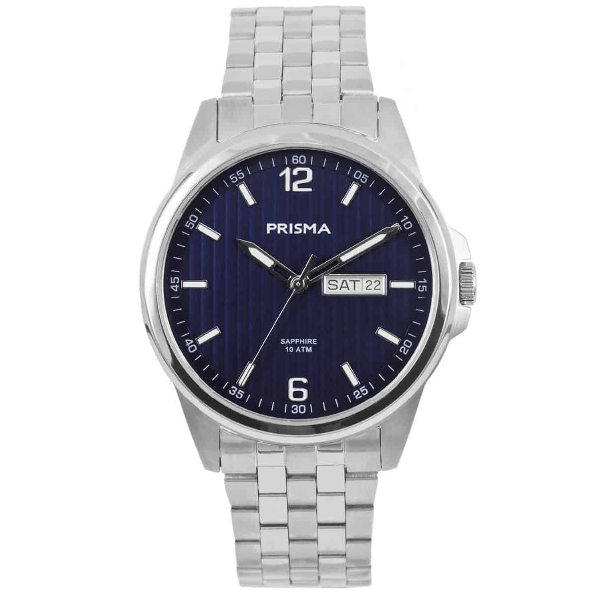 Prisma heren P1664 horloge edelstaal saffierglas 10 ATM 		
		
Algemeen		
Geslacht: heren		
Model: P.1664		
		
Voordelen		
- band edelstaal zilver		
- wijzerplaat blauw met zilvere streepjes		
- boven gem. waterdicht: zwemmen/duiken		
- glas is zeer krasvast		
- dagveld		
- wijzers en index lichten op in donker		
- maat kast 39mm (breedte) 10mm (dikte)		
		
Product achtergrond		
Het leven is een reis. Dat klinkt een beetje cliché, maar het is wel waar. Sta niet elke dag op met het idee dat het leven nog beter is in 10 of 20 jaar. Geniet en wees dankbaar voor vandaag, want het leven is echt een reis. Deze collectie onderstreept het typische Prisma gevoel. Een horloge van hoge kwaliteit met lederen band, titanium kast, krasvrij saffierglas en 10 ATM waterdicht. Een fantastisch uurwerk om elke dag met blijdschap te dragen.		
		
