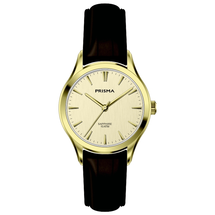 Prisma horloge P2013 dames edelstaal saffierglas 10 ATM 

Algemeen
Geslacht: dames
Model: P.2013

Voordelen
- band echt leer bruin
- wijzerplaat goudkleurig met zilvere streepjes
- boven gem. waterdicht: zwemmen/duiken
- glas is zeer krasvast
- quartz
- maat kast 27,06mm (breedte) 7,6mm (dikte)

