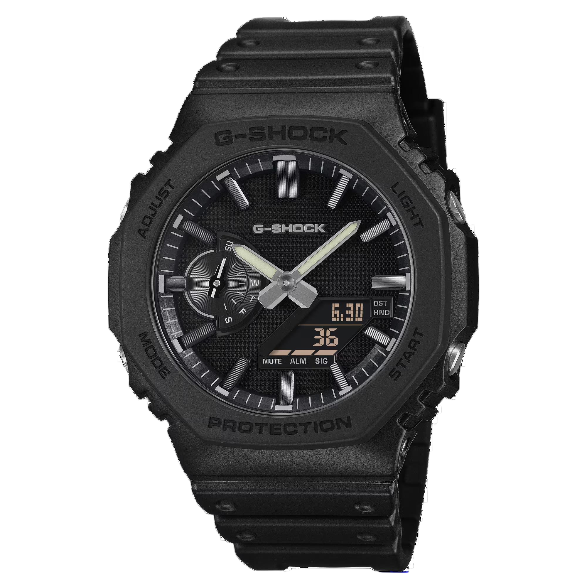 Bij het model GA-2100LXB-1A zijn de uurmarkeringen voorzien van een zilveren dampcoating, wat zorgt voor een subtiele metaalglans en een verfijnd contrast vormt met de minimalistische zwarte kunststof lunette en horlogeband.

LUXE BLACK geeft de standaard 2100-serie een nieuwe invulling vanuit een perspectief van moderne verfijning. Door overbodige versieringen weg te laten en de nadruk te leggen op een strak minimalisme, streeft deze serie naar een tijdloze kwaliteit die met de jaren niet vervaagt. Tegen een achtergrond van diepe zwarte tinten komen subtiele contrasten naar voren, waarbij de robuustheid van G-SHOCK als basis dient voor een product dat zich kenmerkt door een ingetogen uitstraling en een ingetogen glans. De wijzerplaat heeft een matzwarte afwerking met een fijn gestructureerd oppervlak dat reflecties tegengaat en licht absorbeert. De nieuw ontwikkelde, slanke uur- en minutenwijzers met langgerekte proporties worden gecombineerd met vernieuwde, door verdamping aangebrachte uurmarkeringen, waardoor een evenwicht ontstaat tussen leesbaarheid en een verfijnde afwerking. Elk onderdeel van de wijzerplaat is afzonderlijk herzien om de essenti&euml;le kenmerken tot uitdrukking te brengen van een product dat is ontworpen om jarenlang van te genieten.