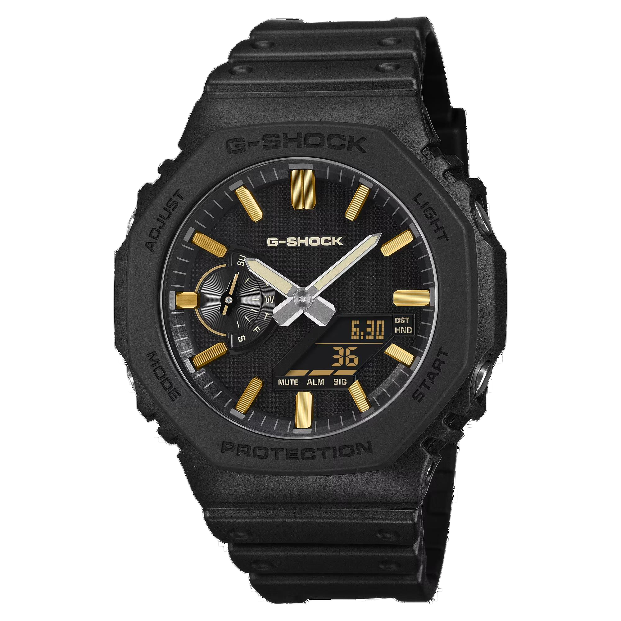 Bij het model GA-2100LXB-1A9 zijn de uurmarkeringen voorzien van een goudkleurige dampcoating, wat zorgt voor een subtiele metaalglans en een verfijnd contrast vormt met de minimalistische zwarte kunststof lunette en horlogeband.

LUXE BLACK geeft de standaard 2100-serie een nieuwe invulling vanuit een perspectief van moderne verfijning. Door overbodige versieringen weg te laten en de nadruk te leggen op een strak minimalisme, streeft deze serie naar een tijdloze kwaliteit die met de jaren niet vervaagt. Tegen een achtergrond van diepe zwarte tinten komen subtiele contrasten naar voren, waarbij de robuustheid van G-SHOCK als basis dient voor een product dat zich kenmerkt door een ingetogen uitstraling en een ingetogen glans. De wijzerplaat heeft een matzwarte afwerking met een fijn gestructureerd oppervlak dat reflecties tegengaat en licht absorbeert. De nieuw ontwikkelde, slanke uur- en minutenwijzers met langgerekte proporties worden gecombineerd met vernieuwde, via dampafzetting aangebrachte uurmarkeringen, waardoor een evenwicht ontstaat tussen leesbaarheid en een verfijnde afwerking. Elk onderdeel van de wijzerplaat is afzonderlijk herzien om de essenti&euml;le kenmerken tot uitdrukking te brengen van een product dat is ontworpen om jarenlang van te genieten.