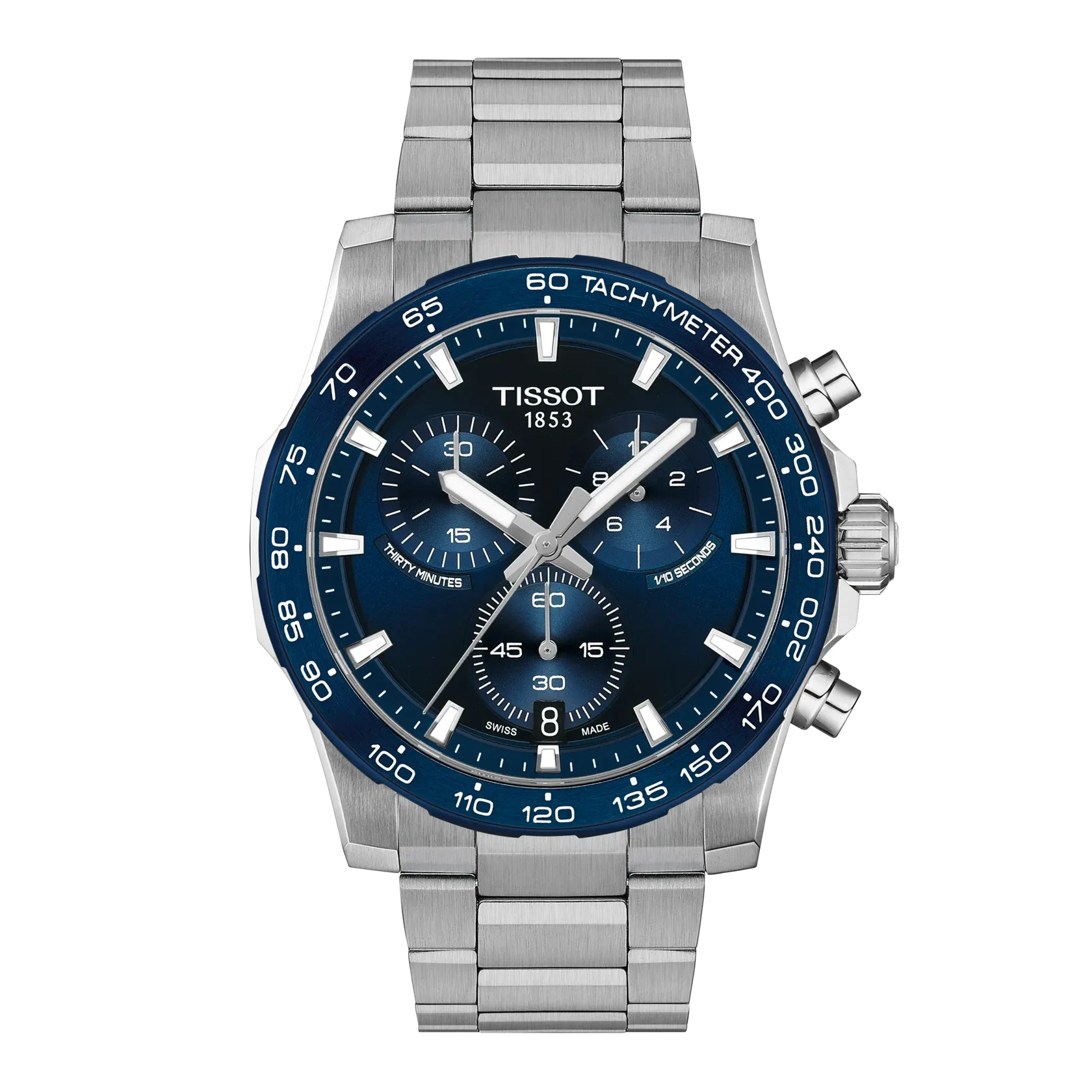 TISSOT T-SPORT SUPERSPORT CHRONO HORLOGE - T125.417.11.041.00
Dit herenhorloge is onderdeel van de T-Sport serie. Deze lijn bestaat uit sportieve horloges met een stoere uitstraling. Het horloge heeft een quartz uurwerk. Op de donkerblauwe wijzerplaat is naast de tijd ook een chronograaffunctie en de datum af te lezen. Dankzij de lichtgevende wijzers is het model ook in het donker goed afleesbaar.

Het horloge heeft verder een edelstalen horlogekast (42mm) met een aluminium lunet en een bijpassende edelstalen horlogeband met vouwsluiting. Verder is het horloge voorzien van een krasarm saffierglas en een waterdichtheid tot maarliefst 100 meter waterdicht. De T1254171104100 is het ultieme accessoire voor heren die van sportieve horloges met een hoge kwaliteit houden.
