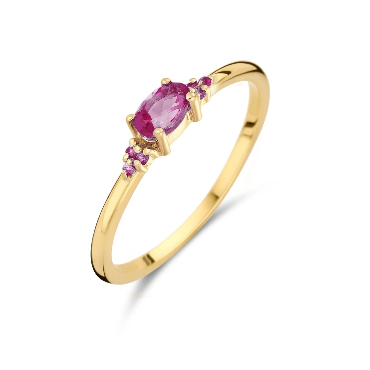 Elegante 14k geelgouden Jackie ring met ovaal geslepen roze topaas. Bestel eenvoudig online of pas deze ring bij Juwelier Rijk aan de Heiligeweg 10 in Amsterdam.