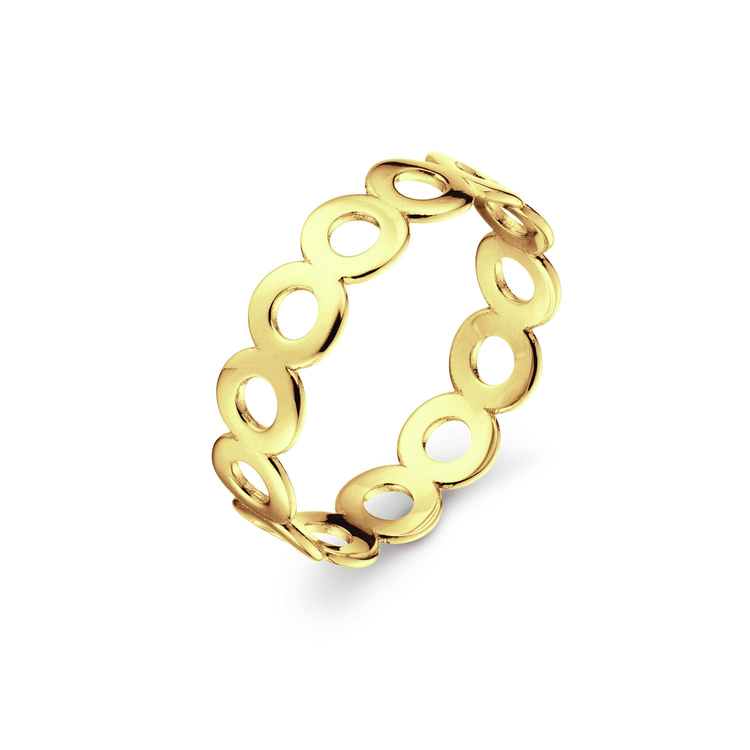 Stijlvolle 14k gouden Jackie Sunset Ring met opengewerkt cirkelmotief. Koop online of pas hem vrijblijvend bij Juwelier Rijk aan de Heiligeweg 10 in Amsterdam.