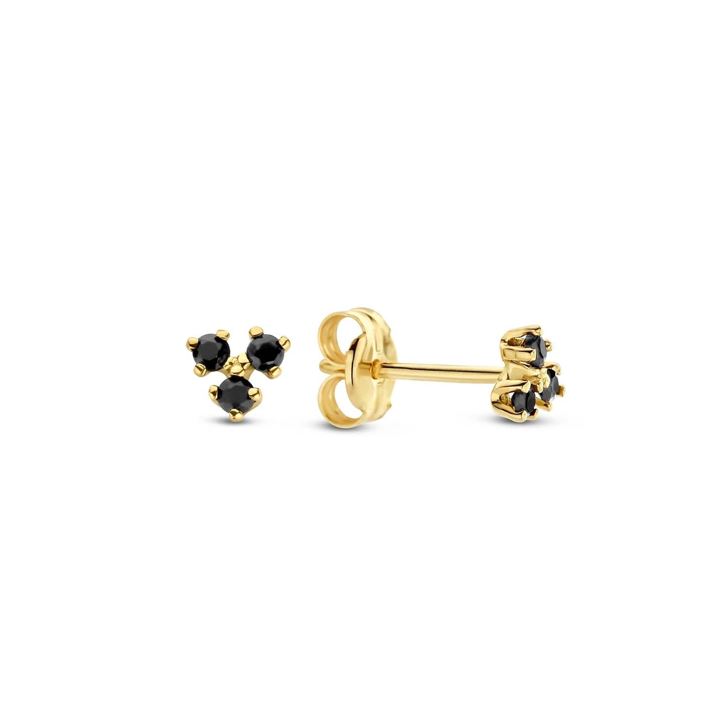 Stijlvolle 14k gouden Jackie Mir&oacute; Triangle Onyx oorknoppen met zwarte oniks steentjes. Bekijk en bestel online of pas bij Juwelier Rijk, Heiligeweg 10 Amsterdam.
