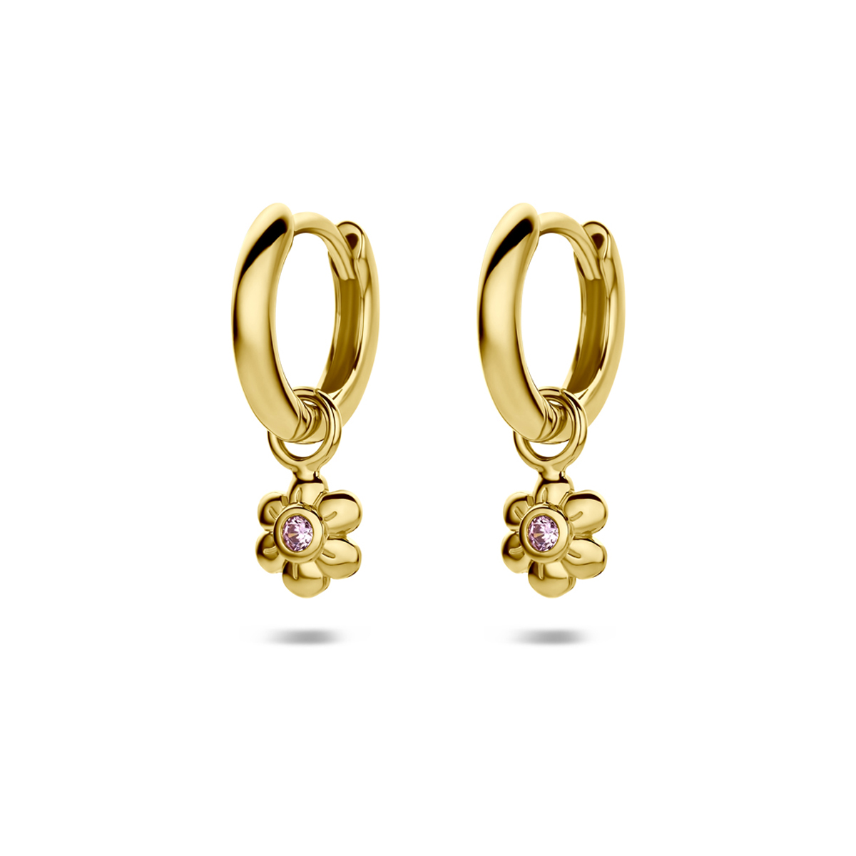 Verguld geel 925 zilveren klapoorringen met bloem en zirkonia. De totale afmeting van de oorringen is 12x2mm. De afmeting van de hanger is 10x5.5mm. Geen garantie op plating.