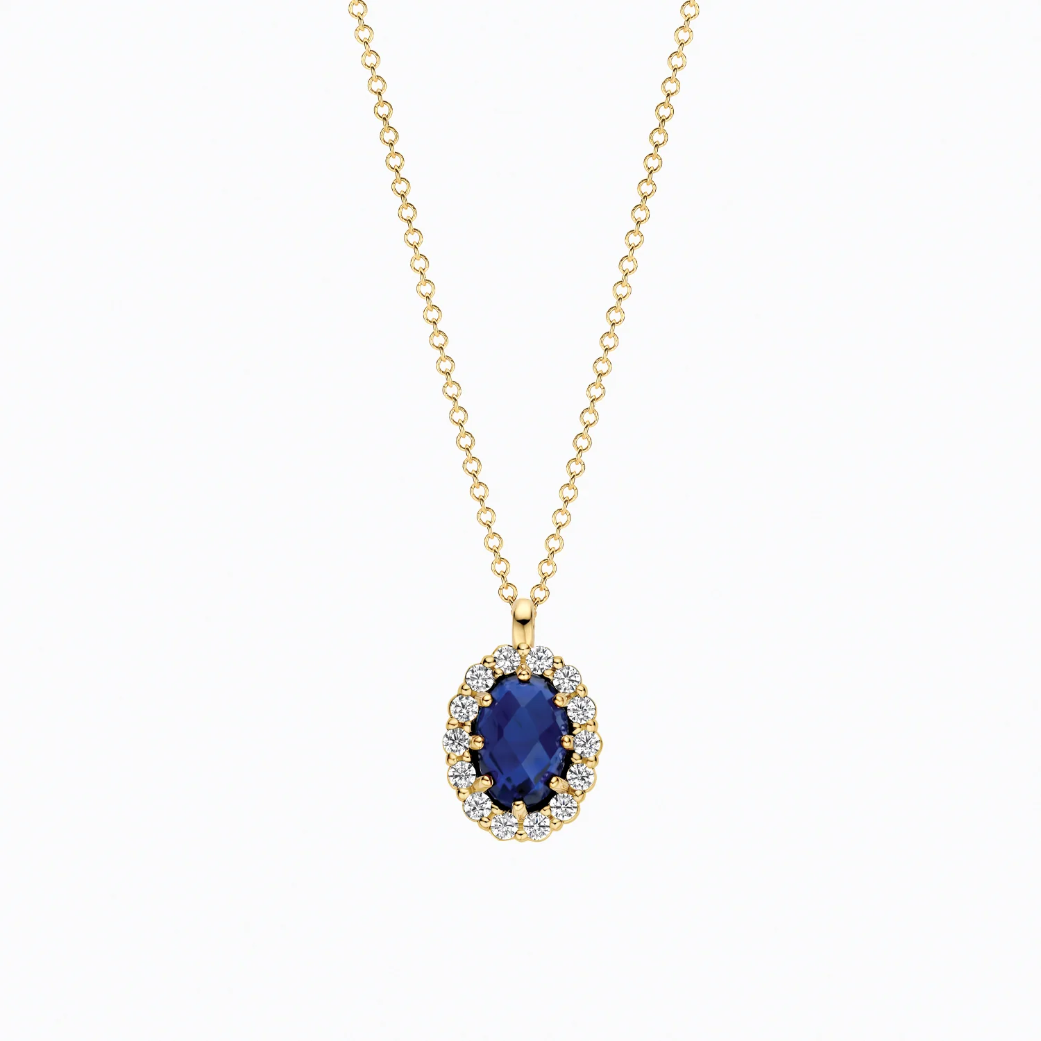 Een lab grown diamant en een blauwe diamant vormen samen de sprankelende hanger van dit collier van 14k geelgoud, gevat in een pav&eacute;- en chatonzetting (7,3 x 8,9 mm). De diamanten wegen samen 0,13/0,50 ct en hebben een VSi-kwaliteit met een Top Wesselton kleur. De hanger hangt aan een fijne ketting van 42 cm met een diameter van 0,8 mm, afgewerkt met een veerringsluiting. Mooi te combineren met andere geelgouden sieraden uit onze collectie.