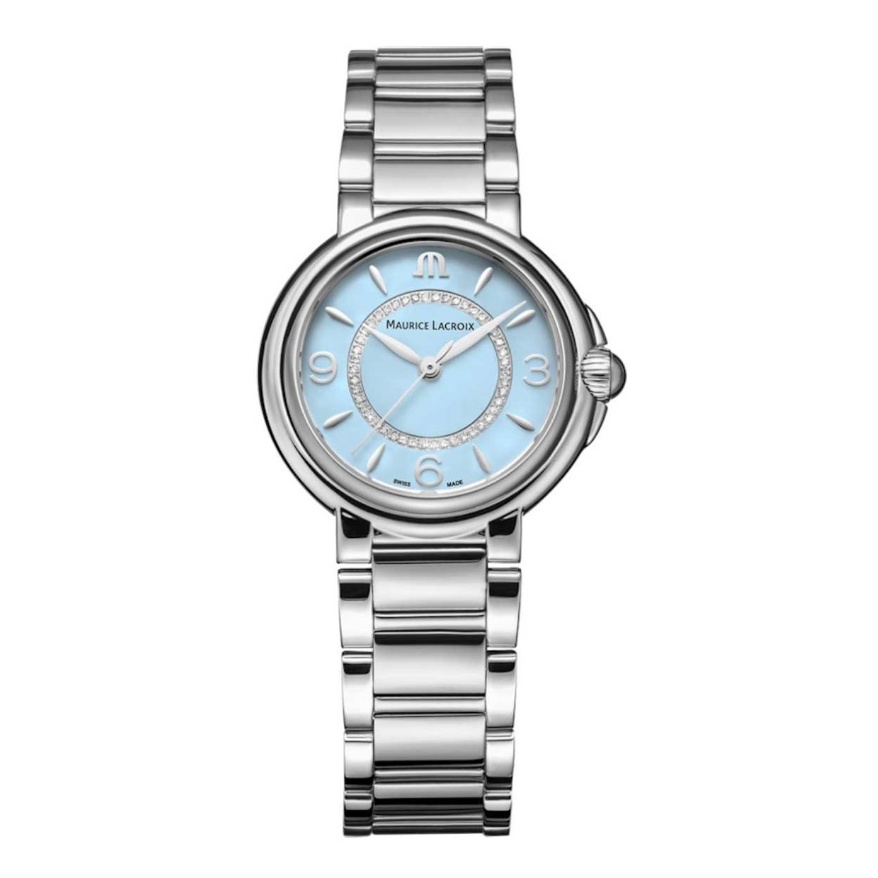 Dit is een horloge van het merk Maurice Lacroix gemaakt voor dames.
De specificaties zijn als volgt:
Kastmaat: 32 mm
Kastdikte: 9
Bandbreedte: 17
Waterdichtheid: 3 ATM / 30 Meter / 100 Feet