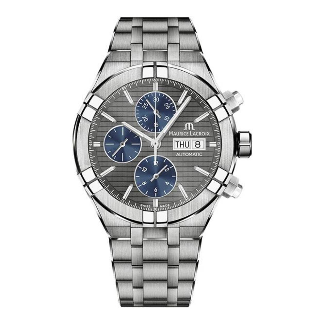 Hard, solide, titanium is als staal, maar effici&euml;nter. Door dit technische materiaal toe te passen op de AIKON Automatic Chronograph overstijgt Maurice Lacroix zijn vlaggenschipcollectie. Het resultaat is een drastisch verminderd gewicht en een onge&euml;venaard draagcomfort. Zijn intensere kleur, zijn meer uitgesproken satijnen afwerking, geven AIKON Automatic Chronograph Titanium de uitstraling van een discrete, effici&euml;nte en coole avonturier.

Kast: Titanium 
Waterbestendig tot 20 ATM

Reli&euml;f en sunray gunmetal wijzerplaat, blauwe opaline en geslepen tellers met witte prints.
Gepolijst gerhodineerd M-logo.

Materiaal band: titanium
Titanium vouwsluiting
Beweging:  Automatisch ML112

FUNCTIES
Uren en minuten in het centrum.
Kleine seconde op 9 uur.
Chronograaf seconden aangegeven door een centrale wijzer.
30 minuten chronograaf teller op 12 uur.
12-uurs chronograaf teller op 6 uur.
Dag en datum om 3 uur.
DECORATIES

Kralen.
Verticale C&ocirc;tes de Gen&egrave;ve op de bruggen en oscillerend gewicht.