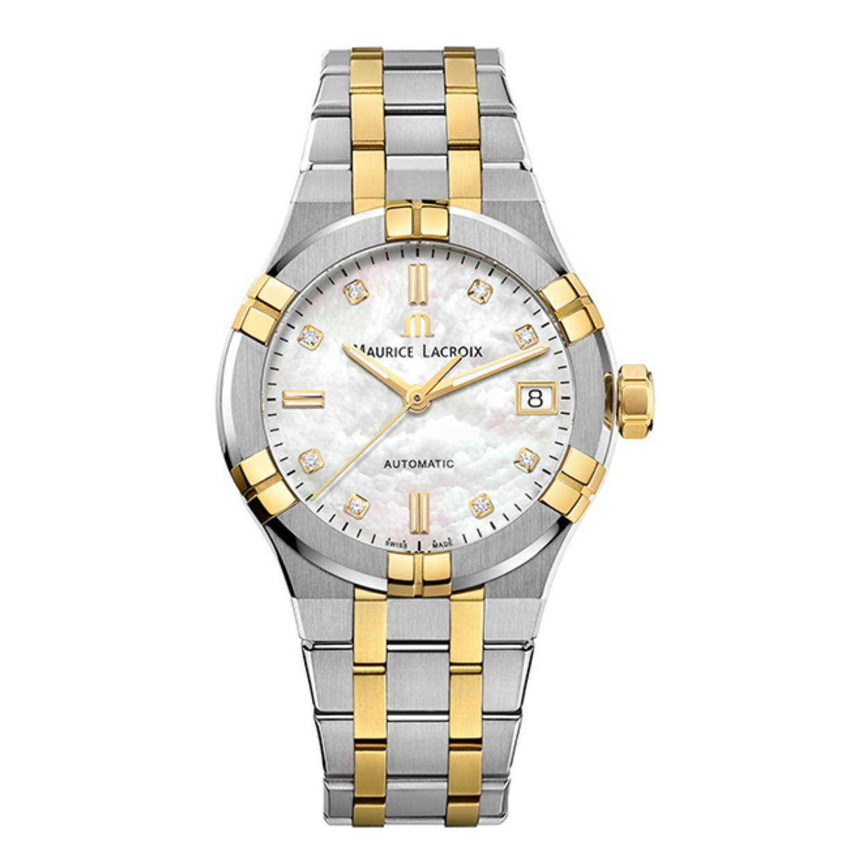 Glassoort: saffier
Kastmateriaal: edelstaal
Techniek: automatisch
Kastkleur: goud- en zilverkleurig.
Kastvorm: rond
Wijzerplaat: kleur: parelmoer. 8 diamantjes.
Bandkleur: zilver- en goudkleurig.
Waterbestendig: 20 ATM